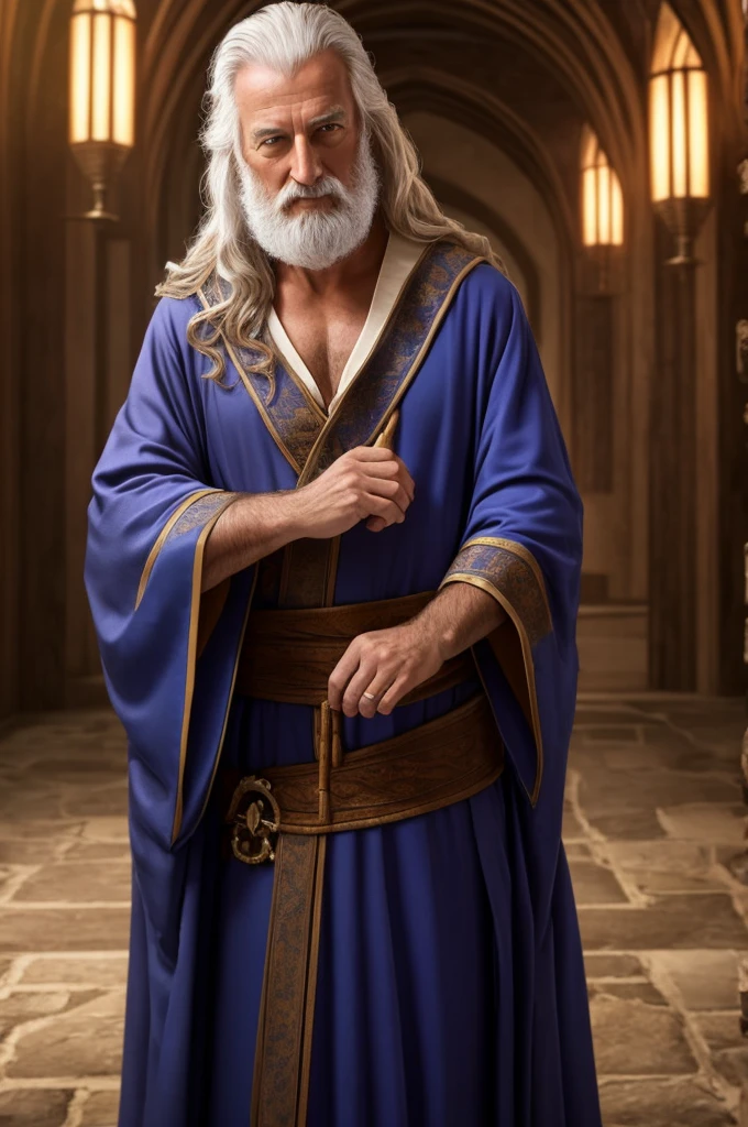 Wizard in robe, looking down at camera, camera below wizard, wizard touching chest