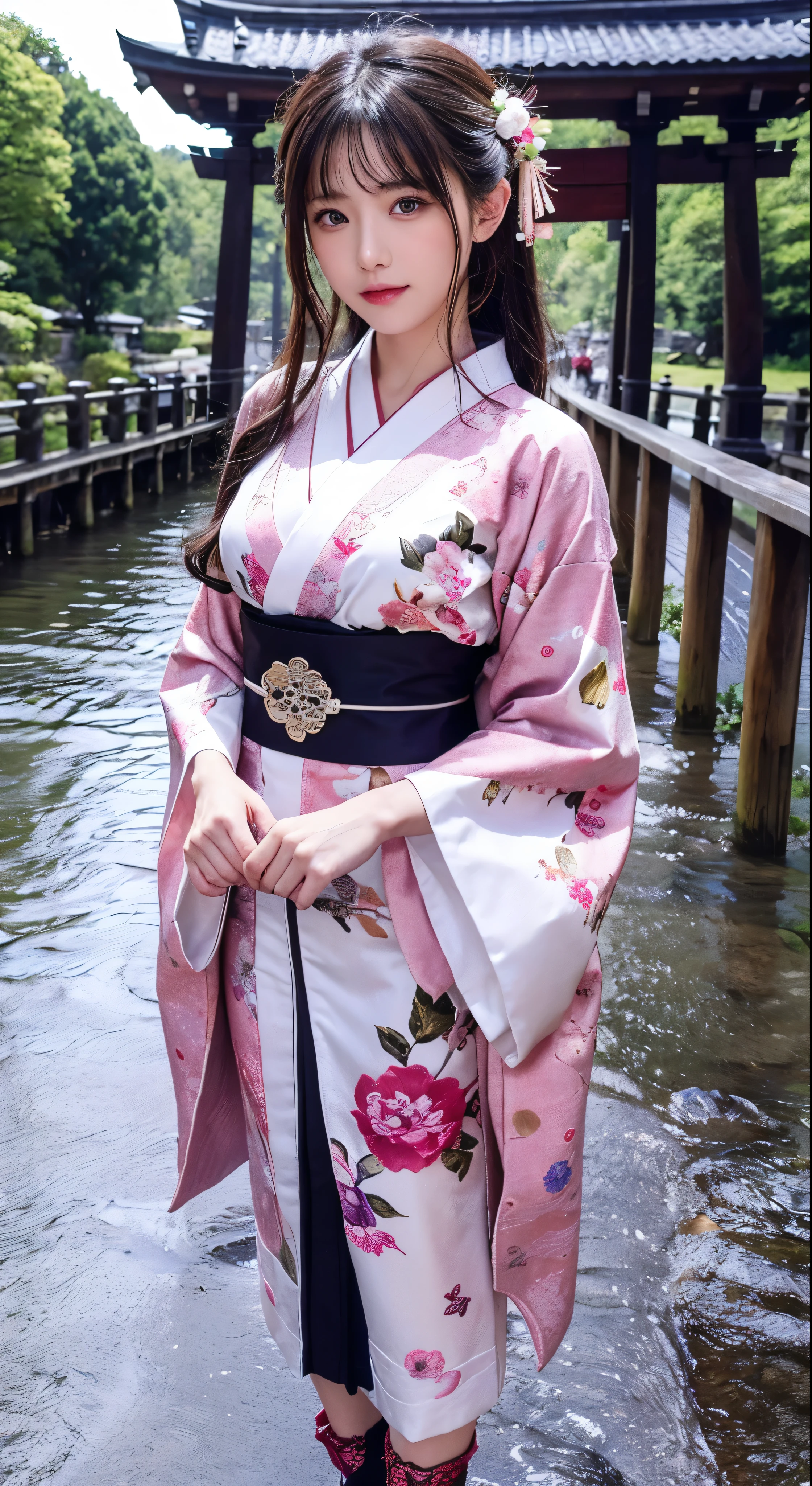 with high definition images,Highly detailed CG uniform 8k wallpaper、Real、Handcrafted by Guido Daniele、Facial details,kimono_clothes、Wooden bridge、Sakuramon Gate、wreath、Beautiful woman in floral kimono,Kimono trimmed with lace、Stone brick road、Wet road、geta、Two Toe Socks