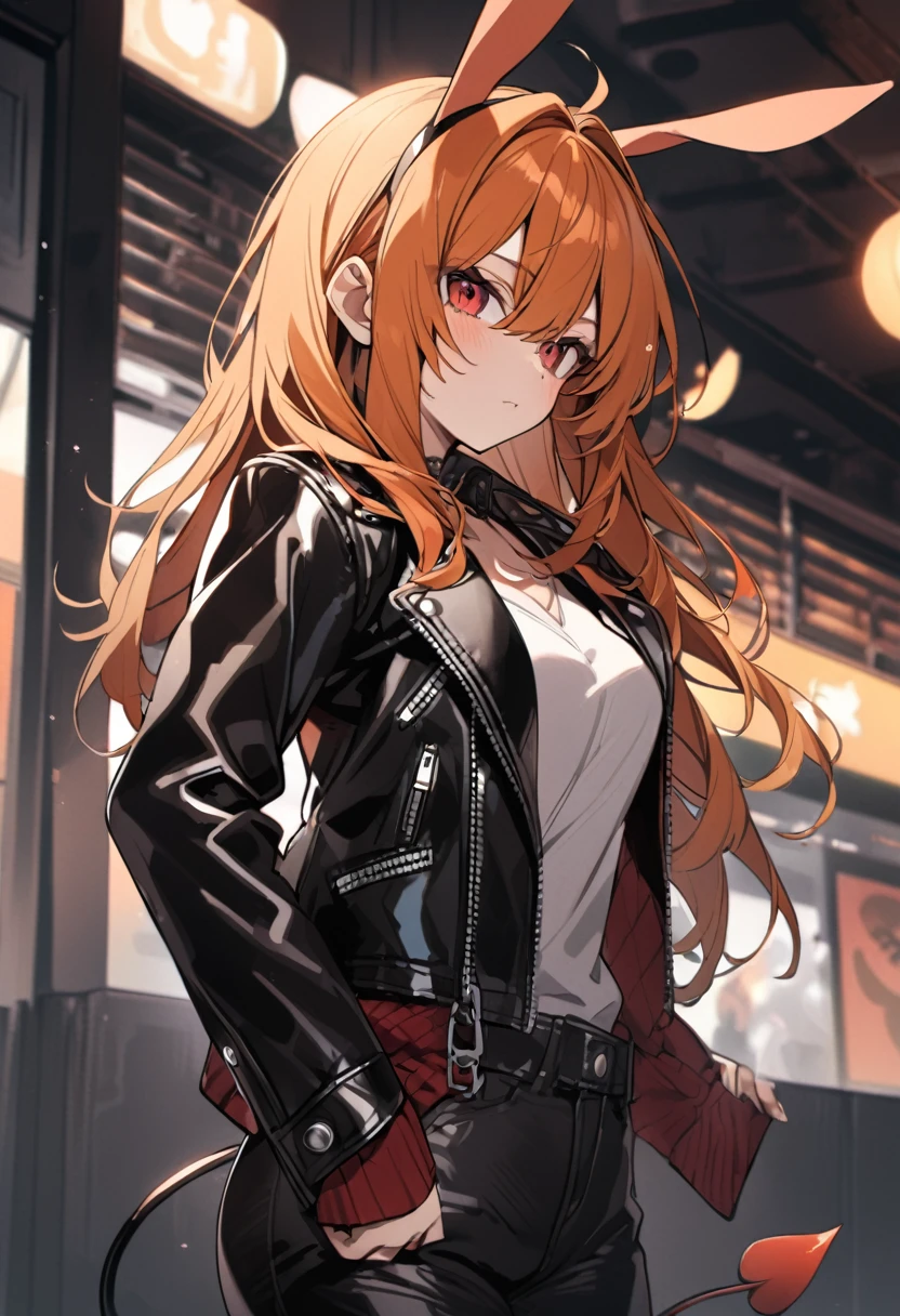 orange hair girl,rabbit ears, demon tail, Red Eyes, Chino, , leather jacket, Dark pant.