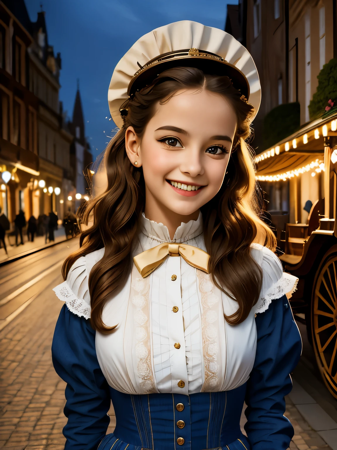 (masterpiece), best quality, expressive eyes, perfect face,a girl smiles towards the camera in a wonderful sunny day. her smile is cheerful but contained and reserved, Victorian era posing in front of a period building, night, street lights, people along the road, horse-drawn carriages, romantic atmosphere, sky with various nocturnal colors and stars.