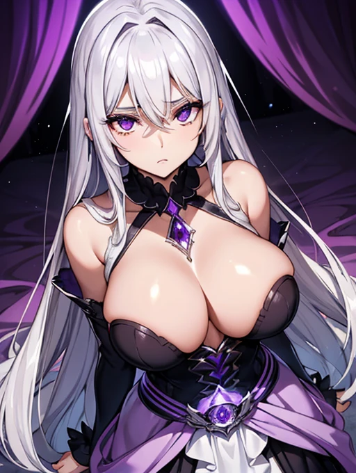 a woman of impressive beauty, exuding a mysterious and intense aura. Her long silver hair cascades down to her waist., shining with a soft reflection under the light, deep, enigmatic violet eyes seeming to penetrate the viewer's soul, pale and flawless skin, wearing a white dress covering the entire body. A magnetic presence that attracts and intimidates at the same time.