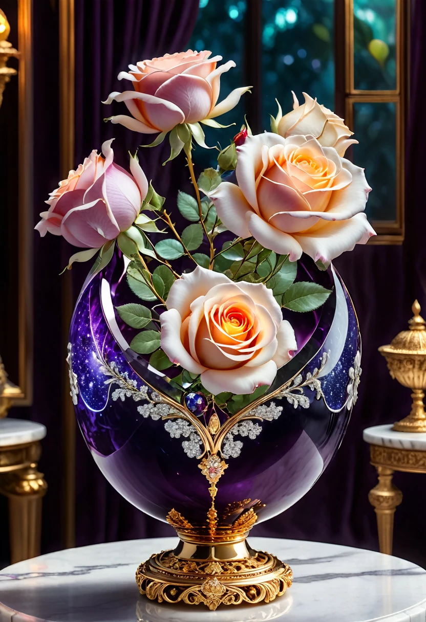 masterpiece，best quality，Twelve white roses in a marble and gold vase, Beautiful ring, sparkling gemstones, Extremely detailed，(unmanned),Rose-shaped ring，Starry Sky，Entwined from beginning to end，Delicate gold ring，戒指中的Starry Sky, luster，inverted image，sparkling gemstones，Elegance and nobility,Simple background, (masterpiece, best quality:1.2), Sun on a pedestal. Key West at sunset, On the beach, oranges On white marble table, There is mist in the background, 8K, Photography style,a clear glass vase with orange Bioluminescence body fluid in them, On white marble table, The table was filled with rubies and emeralds, Dark purple velvet curtains, Bioluminescence, Colorfull, glow, body fluid, glowing, appetizing, professional, cooking, high resolution, commercial, Very detailed,Neon tones, Colorful, Twelve white roses in a marble and gold vase, Sunshine Background, Bright sunshine, 8K