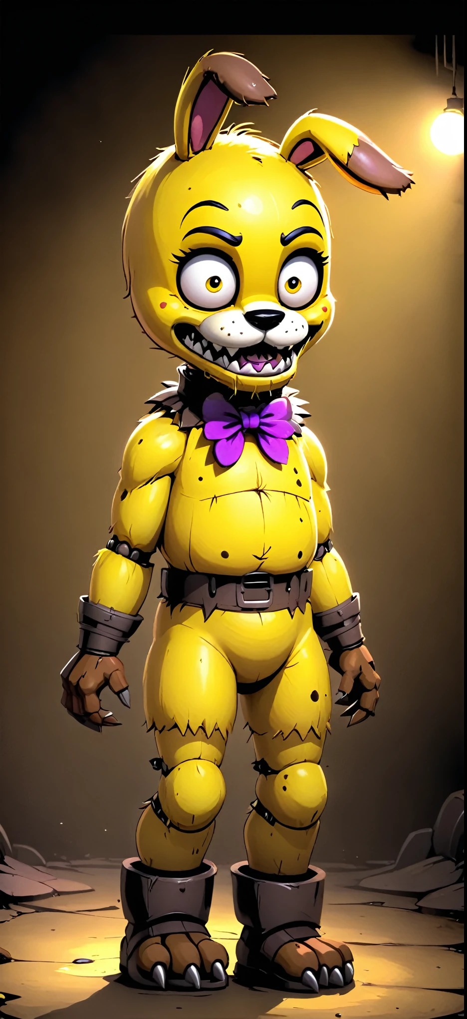 Um monstro animatronico frightful em forma de coelho amarelo, big tooths, exposed flesh, frightful (SPRINGBONNIE) fnaf into the pit