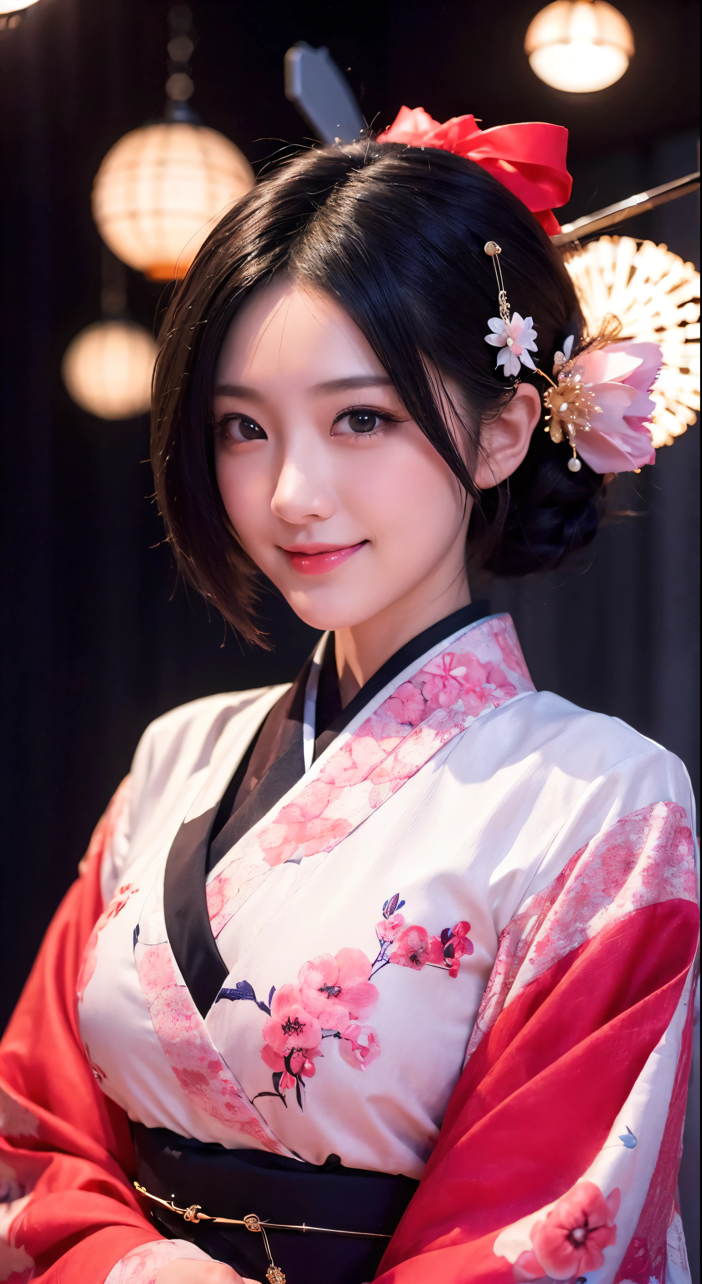 (Ridiculous resolution:1.8)One woman with short bob、Especially women with short black bobs.、View of vibrant fireworks from below、A close-up of her face radiates happiness、A highly detailed masterpiece of intricate illustration。The kimono is decorated with intricate details and hairpins.、A big smile and a captivating expression。Cinematic and evocative lighting with a warm glow、Shinkai Makoto&#39;s『Wind of Light』Create a memorable and thrilling experience reminiscent of。(High resolution:1.4)Ultra-detailed beautiful woman face