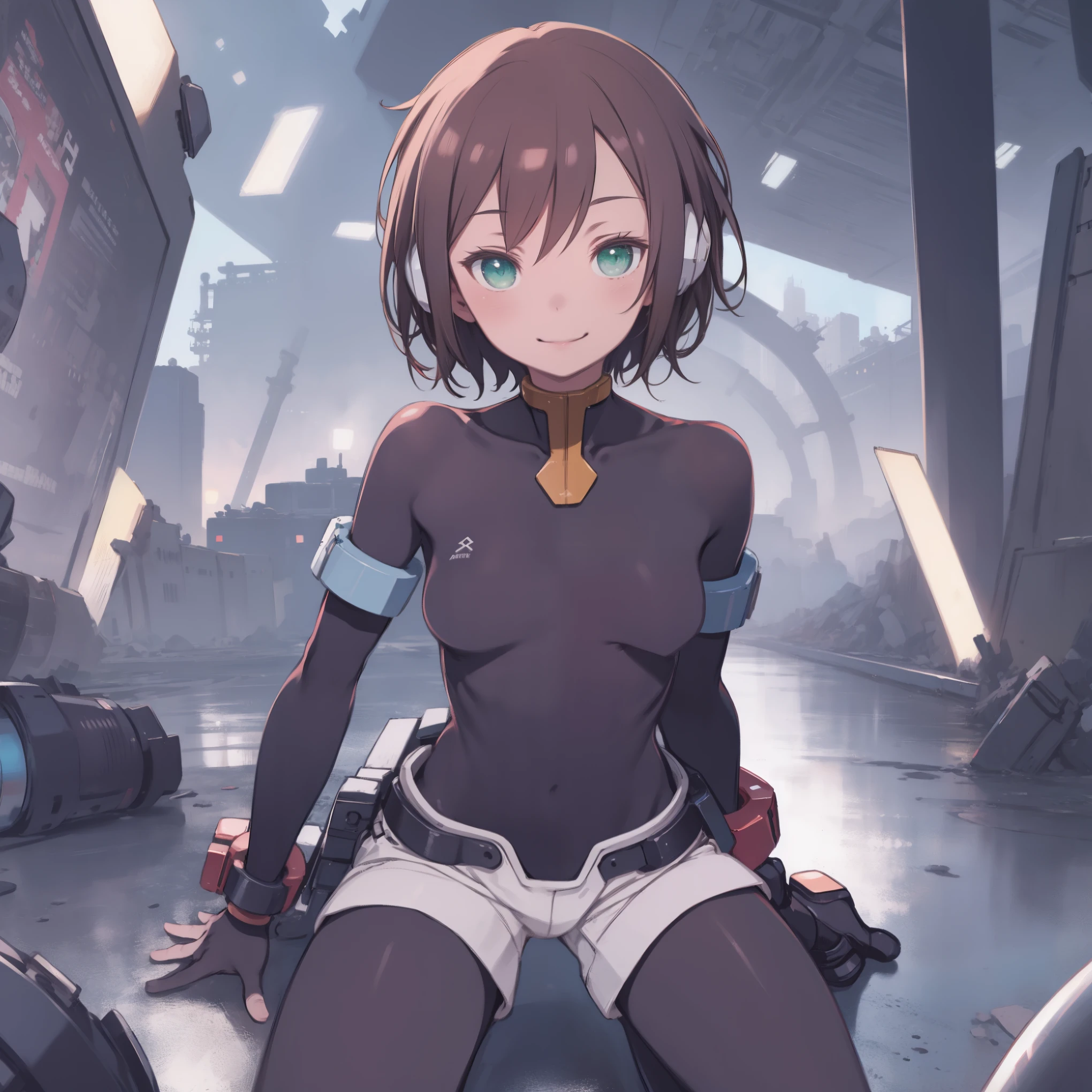 aile_megamanzx, kneeling with one hand on the ground and the other arm raised, 1girl, solo, short hair, brown hair, short sleeves, (bodysuit), robot ears, green eyes, very_short_shorts, short sleeves, short over long sleeves, smile, in futuristic city, , high quality, medium_breasts,crotch, slouch,groin,solo