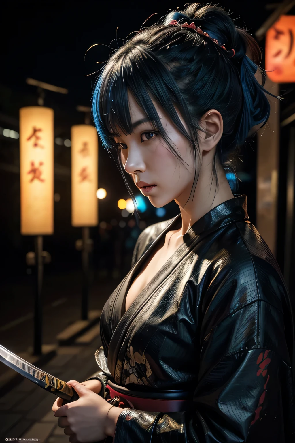 Samurai, 25yo woman, hyperrealism, very detailed skin, 4k,,, AshleyWoodArtAI,, katana profile picture, Organic Painting, night time, Matte Painting, bold shapes, hard edges, street art, trending on artstation, by Huang Guangjian and Gil Elvgren and Sachin Teng, Glow, katana, blue hair, short hair