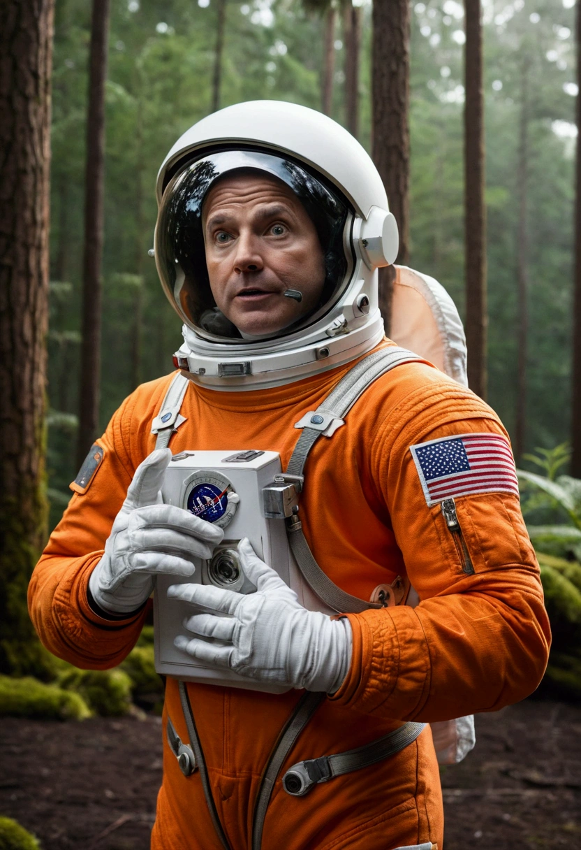 best quality, imposing, epic scene, astronaut in orange suit looking frontally close up showing face with encouraging expression, with a forest behind