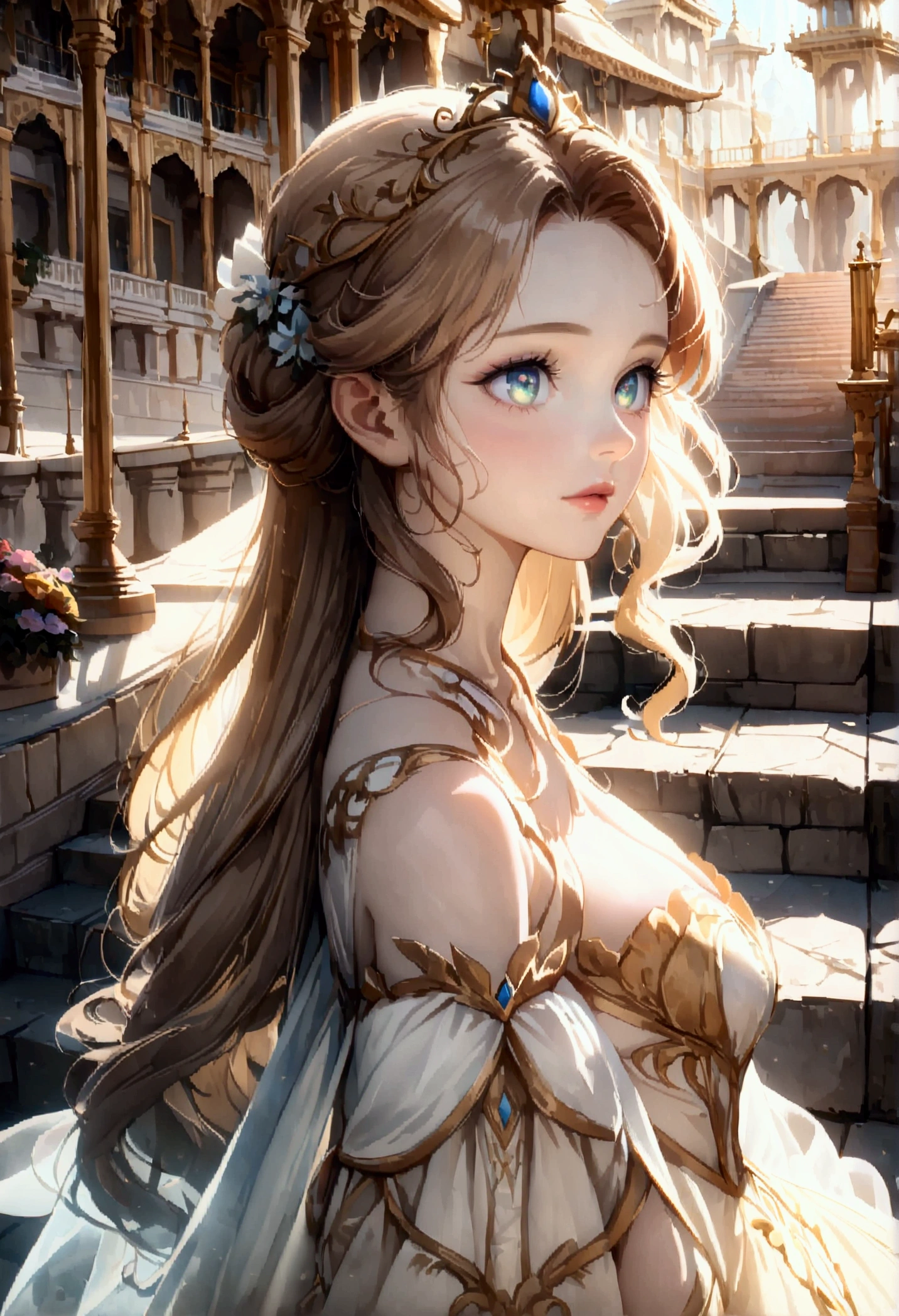 Animation, (1 girl: 1.3, Belle from Beauty and the Beast_Beautiful appearance, Delicate dress description: 1.3), Body made of light, Close-up upper body view from the front angle, Best quality, Highly detailed photo, Best quality, Ultra high resolution, Sunlight, Full body portrait, Delicate face, Lively delicate eyes, (Front), Fluorescent white and gold, Detailed face, Detailed complex background standing on the steps of the magnificent palace, Very cool, 8K Ultra HD, SLR camera, High quality, White skin, Photorealism, Transparent light particles,
