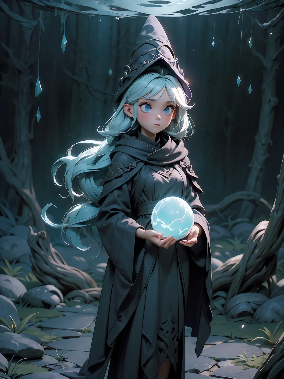 ((full body shot)) of a girl in a dark hooded cloak and a mage hat, standing in a completely dark environment. She is holding a glowing orb of energy in her hands, which emits a soft, ethereal light. Surrounding her are numerous small lights in shades of {blue|purple}, casting a faint glow similar to candlelight. The only illumination comes from the orb and the particles around her. The atmosphere is {mysterious|otherworldly}, with a misty haze drifting around her feet. The ground beneath her is reflective, creating a mirrored effect that adds to the surreal ambiance. Subtle textures of ancient, worn stones and creeping vines can be seen in the background, hinting at a hidden, mystical place. The scene is quiet and enigmatic, with the girl's face partially obscured by the hood, her eyes focused intently on the luminous orb. She holds an intricately designed staff made of wood with metallic parts and embedded jewels.

[Best quality], [Masterpiece], [Ultra-detailed], [4k], {serene|intense} atmosphere, {mystical forest|ancient ruins}, {dynamic pose|relaxed pose}, complete darkness, {soft shadows|dramatic lighting}, {reflected light on the ground:0.7}, {misty haze:0.6}, {glowing plants:0.5}, {creeping vines:0.4}, {ancient stones:0.3}.

