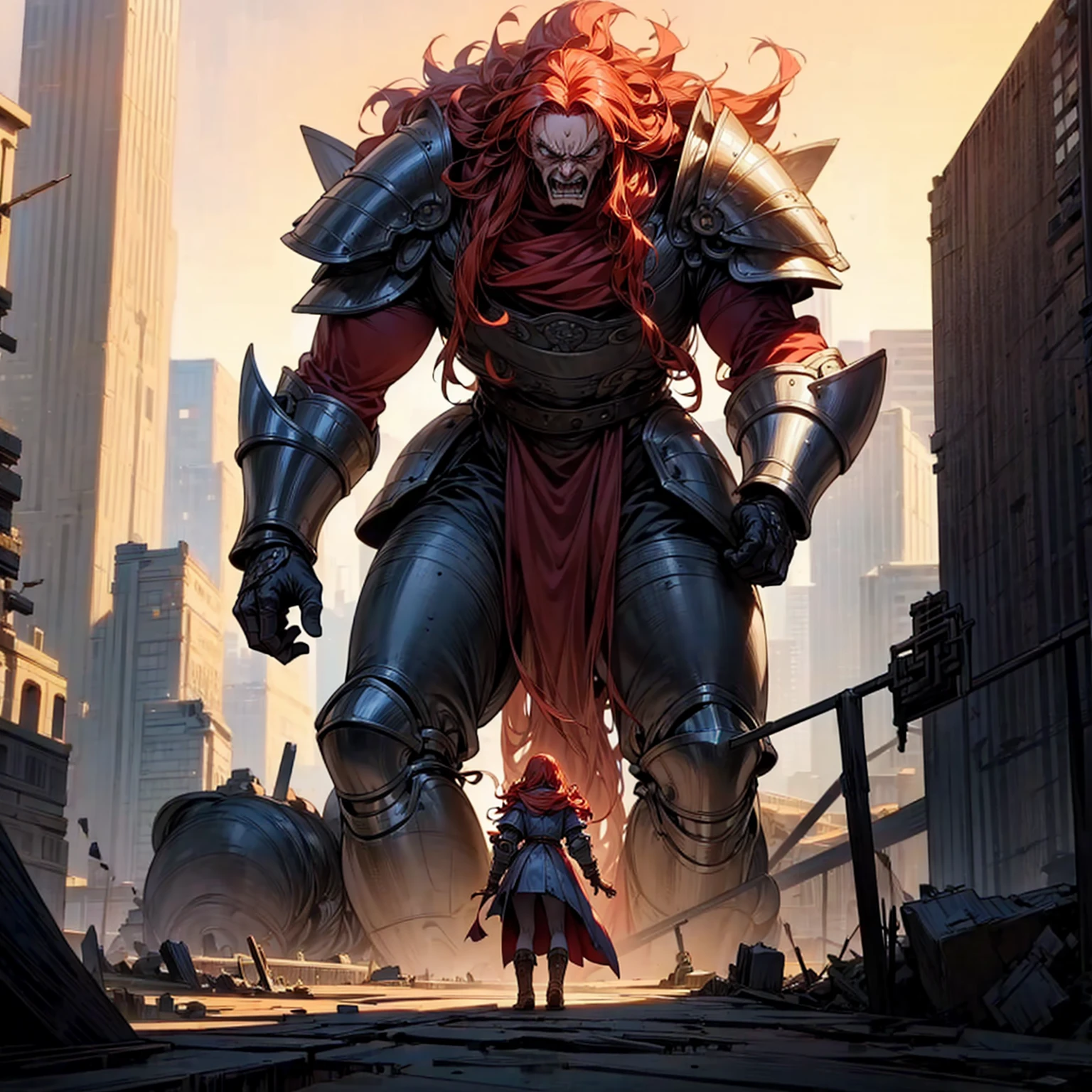 view of the royal city with a giant in the middle, giant in the middle of the city, destroyed city, fire city, The giant had long curly red hair, was wearing iron armor and boots, Very angry giant, very tall, 100 feet tall, (one piece style art), ultra detailed, motion blur, lighting