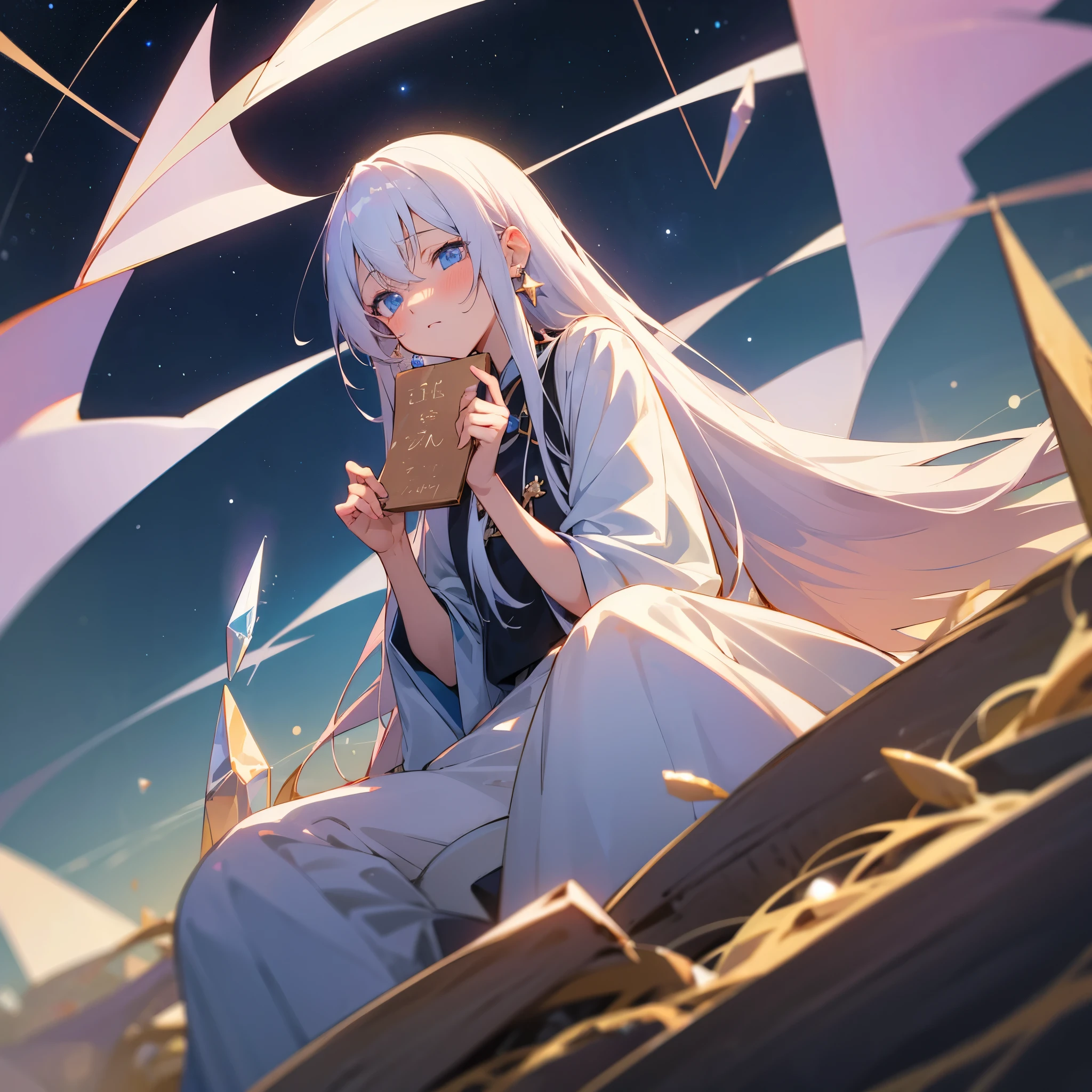 Anime Girl,White long hair,Blue Eyes,shy,cute,grace,high resolution, masterpiece, Anatomically correct, Ultra HD, high quality,Crystal Earrings, Starry sky background,Sitting dignifiedly,Holding a sign that says "v me 50",blush