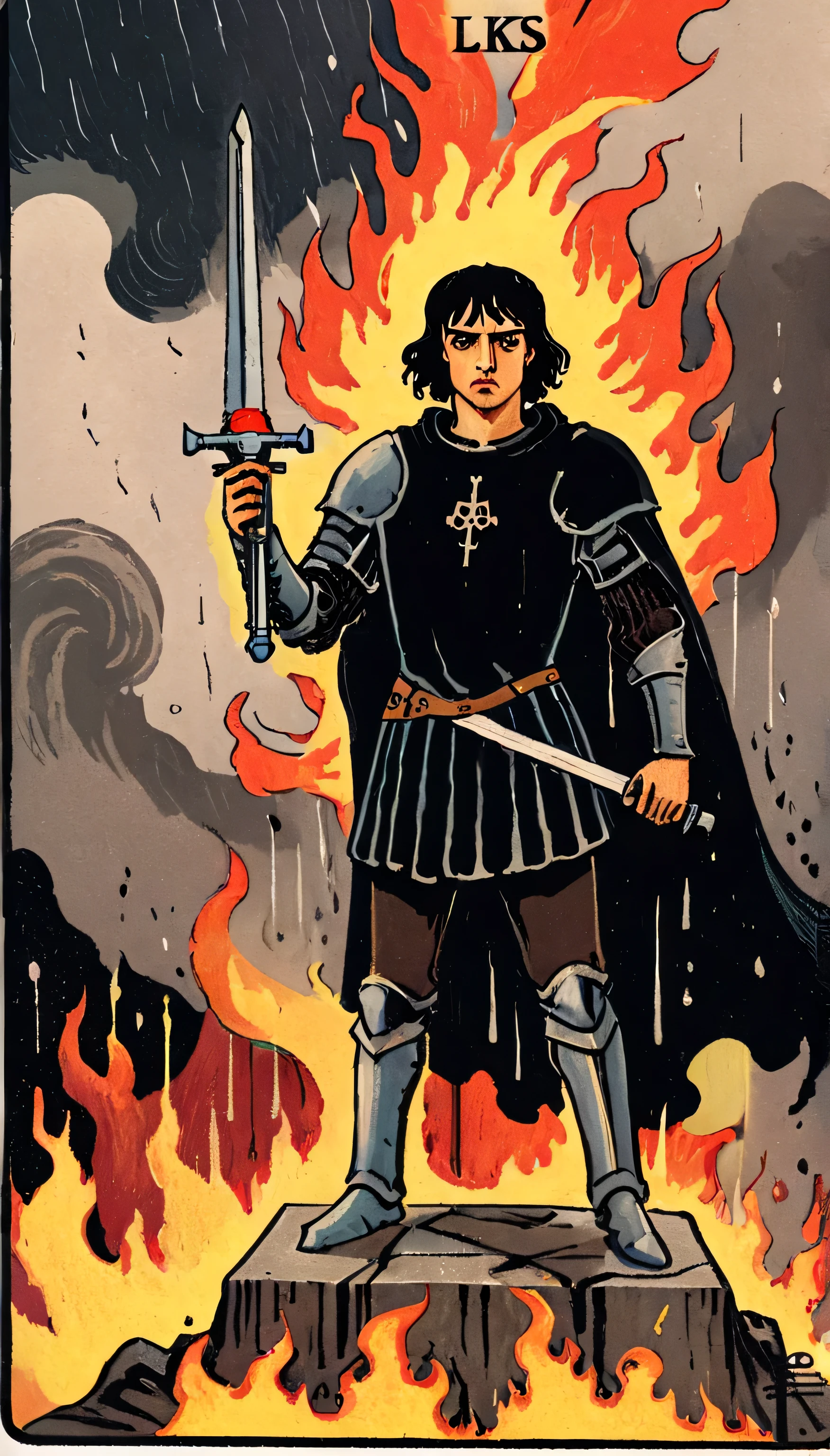 work of art, best qualityer, A stern king with a determined gaze, wearing a dark armor, short dark hair, holding a flaming sword, standing firm amidst a raging storm, cape billowing, Chosen by flames, symbolism, tarot carts style frame \(tarot\), lks73zb1, tarot card style,