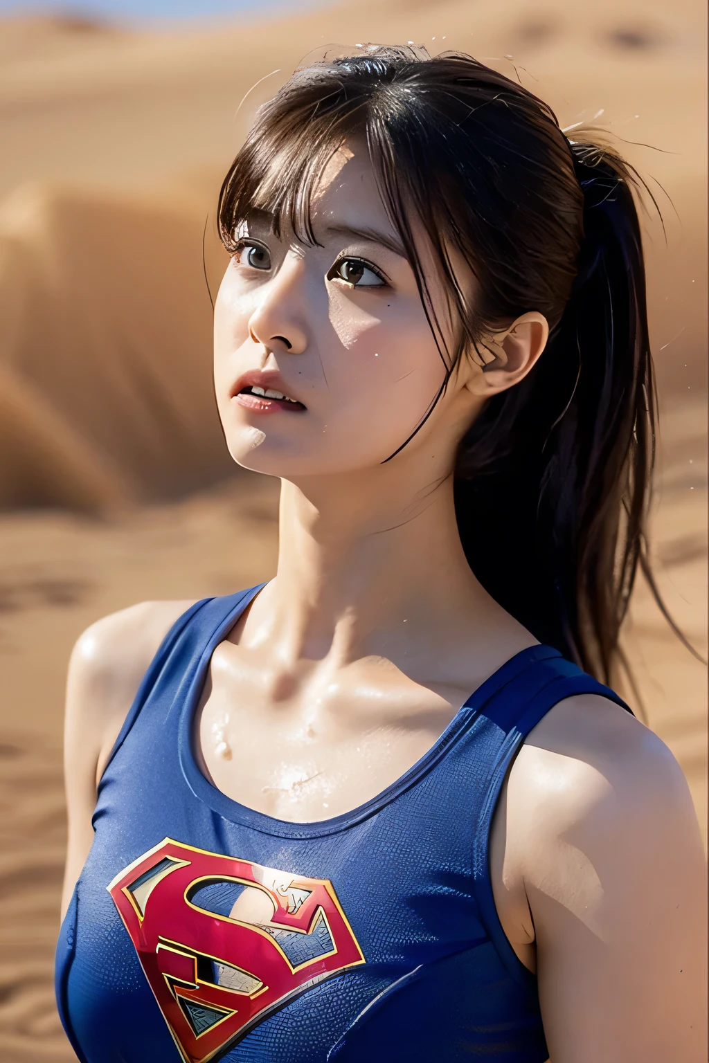 Supergirl, 29 years old、Height: 152cm, in desert, midday, hair tied, Supergirl Afraid, Supergirl was sweating wet, Wearing a tank top Supergirl costume, Hair bangs, Supergirl's costume is torn, face Supergirl is injured, supergirl defeated,  Frightened expression, Look up, Sweating profusely, wet sweat