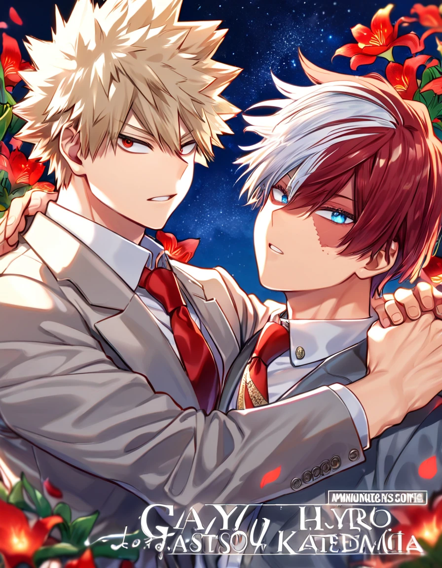 absurdres, highres, ultra detailed, HDR, master piece, Todoroki Shouto, bicolor hair, right side of hair is red, left side of hair is white, expressive blue eyes, Bakugo Katsuki, ash blonde hair, expressive red eyes, gray jacket, red necktie, Boku No Hero Academia, two sexy man together, gay couple, yaoi, handsome, best quality, red lilies flowers, fantasy, red shining fireflies, red petals, sensual, starry sky, shining, red blossoms, love, magical
