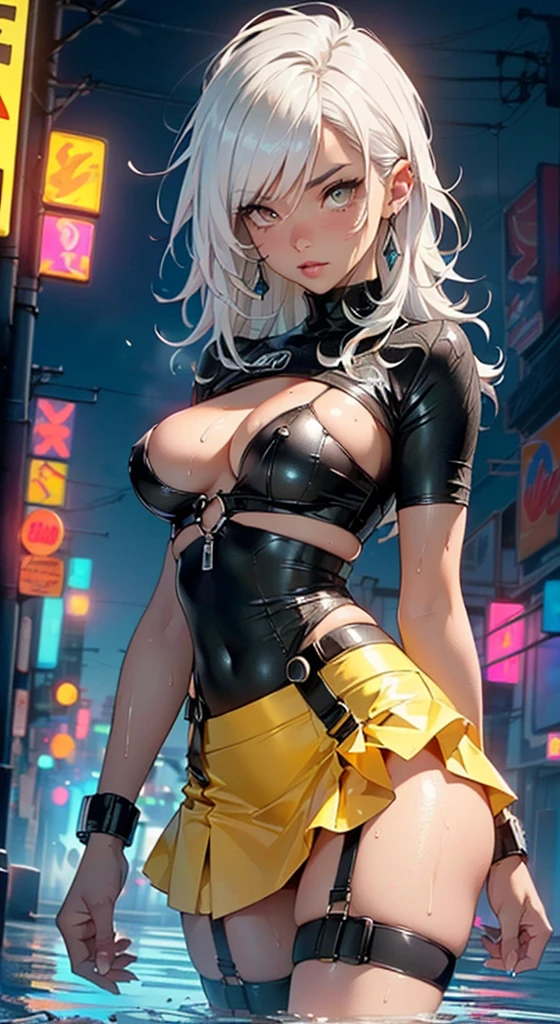 dark skin,very dark skin,dark_skin,
girl rave,(((1girl))),((girl with extremely cute and beautiful white hair)),(large breasts:1.4),saggy breasts,(((white hair:1.35,straight hair,long hair:1.4,colored inner hair,ear breathing))),(((eyes very light yellow:1.3))),intricate eyes,beautiful detailed eyes,symmetrical eyes,Big eyes:15,((fat)),((((black girl,black skin,dark-skinned_female,dark skin:1.3,ebony skin,lustrous skin:1.5,bright skin: 1.5,shiny skin,very shiny skin,shiny body,plastic glitter skin,exaggerated shiny skin,shiny skin like ebony,illuminated skin, wet legs))),(spider lower abdomen,narrow waist,wide hip,athletic body,inflated legs,delicate detailed fingers,detailed body,(detailed face)),cute,slutty,seductive,erotic,(((nsfw))),zettai ryouiki,revealing clothing,show skin,((sheer see-through rave shirt with an yellow print,rave micro-skirt,visible thong straps)),(wearing a rave outfit:1.3,rave see-through clothes,semi-naked,with little clothing),((wet clothes,intricate outfit,intricate sheer see-through clothes)),
(dynamic pose:1.0),solo focus,embarrassed,(centered,scale to fit dimensions,Rule of thirds),
cyberpunk city by the ocean at night, with bright neon signs and dark stormy clouds and puddles, scenery:1.25,artistic photography,(photography taken by sldr),highres, sharp focus, (ultra detailed, extremely detailed), (photorealistic artwork:1.37),(extremely detailed CG unity 8k wallpaper),((synthwave background theme)),(((vibrant colors))),(intricate background),(masterpiece),(best quality),