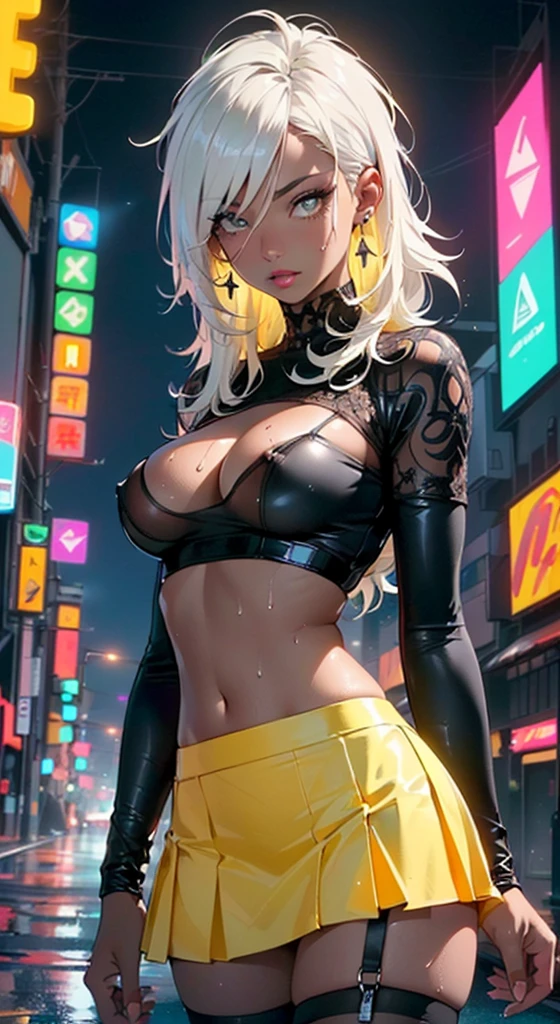 dark skin,very dark skin,dark_skin,
girl rave,(((1girl))),((girl with extremely cute and beautiful white hair)),(large breasts:1.4),saggy breasts,(((white hair:1.35,straight hair,long hair:1.4,colored inner hair,ear breathing))),(((eyes very light yellow:1.3))),intricate eyes,beautiful detailed eyes,symmetrical eyes,Big eyes:15,((fat)),((((black girl,black skin,dark-skinned_female,dark skin:1.3,ebony skin,lustrous skin:1.5,bright skin: 1.5,shiny skin,very shiny skin,shiny body,plastic glitter skin,exaggerated shiny skin,shiny skin like ebony,illuminated skin, wet legs))),(spider lower abdomen,narrow waist,wide hip,athletic body,inflated legs,delicate detailed fingers,detailed body,(detailed face)),cute,slutty,seductive,erotic,(((nsfw))),zettai ryouiki,revealing clothing,show skin,((sheer see-through rave shirt with an yellow print,rave micro-skirt,visible thong straps)),(wearing a rave outfit:1.3,rave see-through clothes,semi-naked,with little clothing),((wet clothes,intricate outfit,intricate sheer see-through clothes)),
(dynamic pose:1.0),solo focus,embarrassed,(centered,scale to fit dimensions,Rule of thirds),
cyberpunk city by the ocean at night, with bright neon signs and dark stormy clouds and puddles, scenery:1.25,artistic photography,(photography taken by sldr),highres, sharp focus, (ultra detailed, extremely detailed), (photorealistic artwork:1.37),(extremely detailed CG unity 8k wallpaper),((synthwave background theme)),(((vibrant colors))),(intricate background),(masterpiece),(best quality),