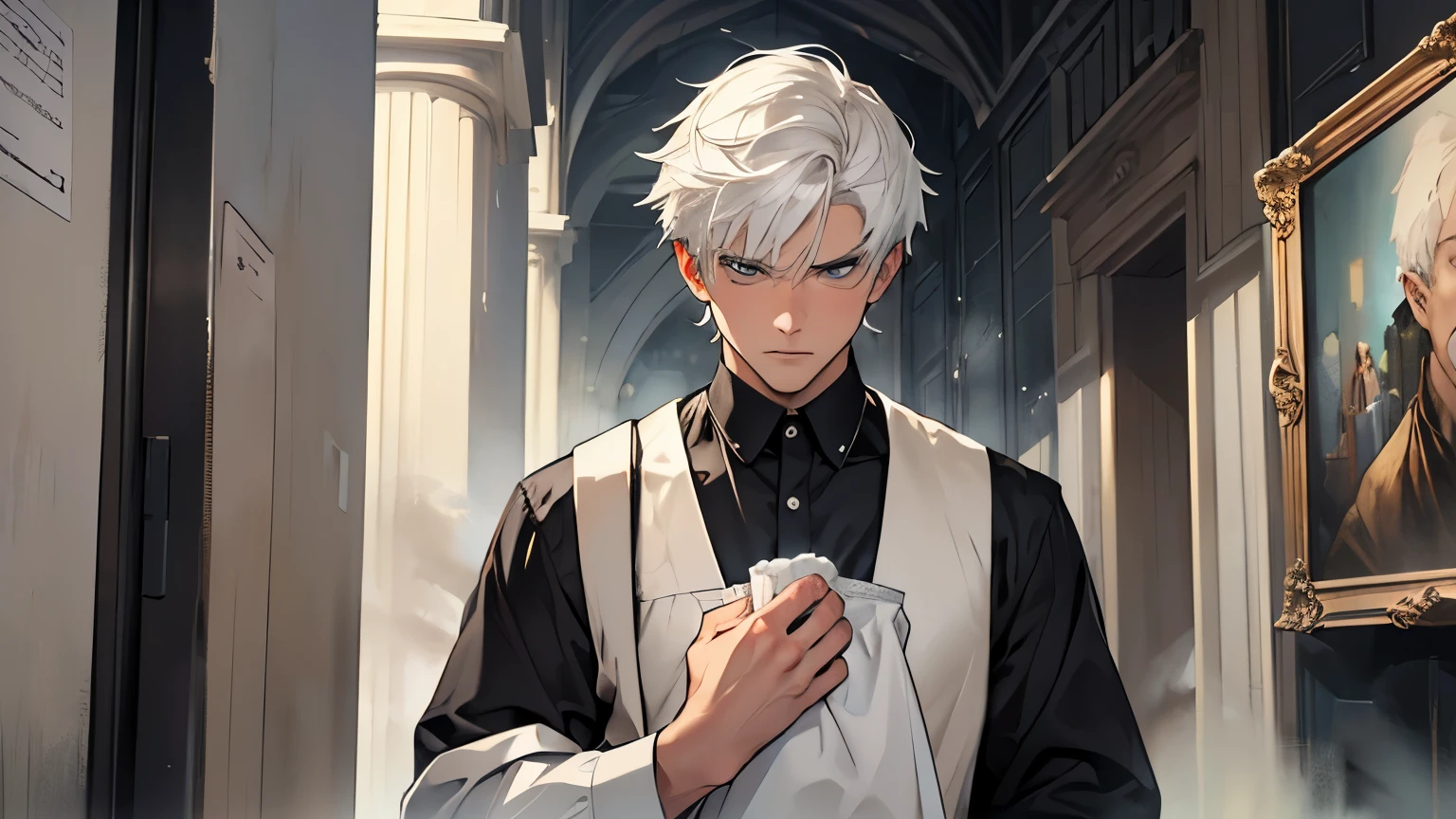 ((best quality)), ((work of art)), ((detailed)), man with short white hair, looking scared, holding a bag of white powder in his hands
