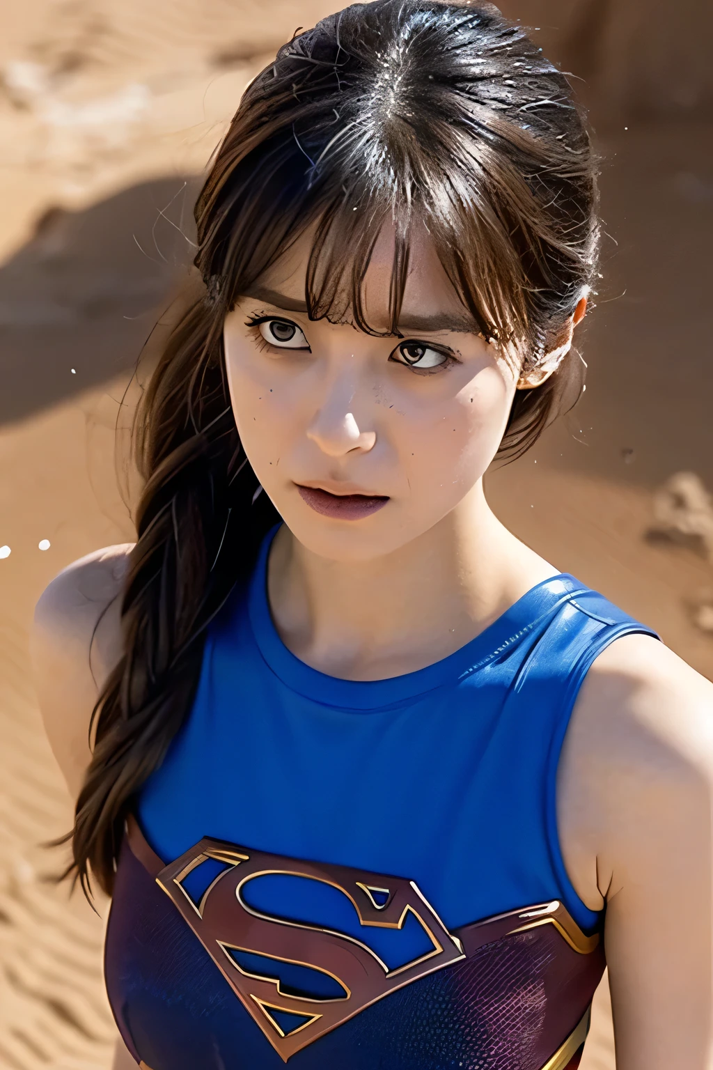 Supergirl, 29 years old、Height: 152cm, in desert, midday, hair tied, Supergirl Afraid, Supergirl was sweating wet, Wearing a tank top Supergirl costume, Hair bangs, Supergirl's costume is torn, face Supergirl is injured, supergirl defeated, Frightened expression, Look up, Sweating profusely, wet sweat