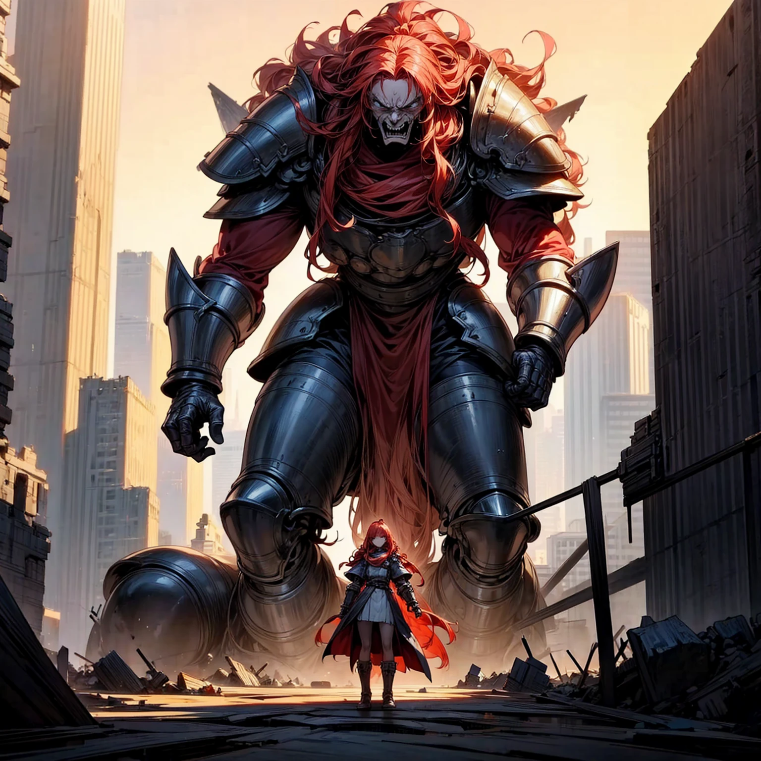 view of the royal city with a giant in the middle, giant in the middle of the city, destroyed city, fire city, The giant had long curly red hair, was wearing iron armor and boots, Very angry giant, very tall, 100 feet tall, (one piece style art), ultra detailed, motion blur, lighting 