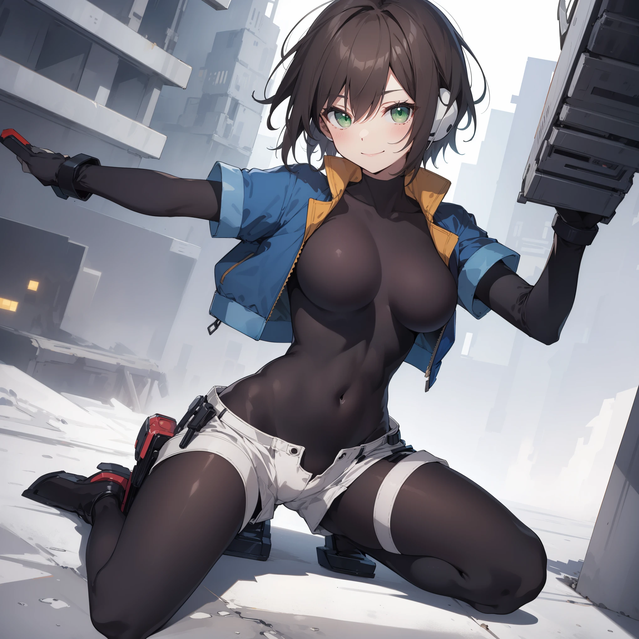 aile_megamanzx, kneeling with one hand on the ground and the other arm raised, 1girl, solo, short hair, brown hair, short sleeves, (bodysuit), robot ears, green eyes, very_short_shorts, short sleeves, short over long sleeves, smile, in futuristic city, , high quality, medium_breasts,crotch, slouch,groin