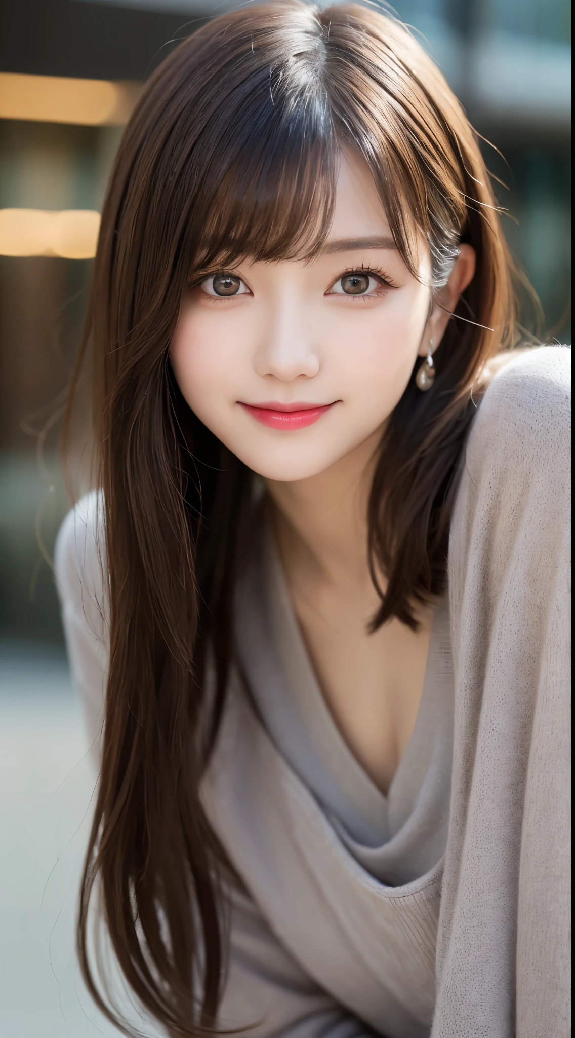 Tabletop, Highest quality, shape, Very detailed, finely, High resolution, 8k wallpaper, 完璧なダイナミックな構shape, Beautiful and detailed,Natural color lip, 20-year-old girl、cute、Looking into the camera,Always blur the background,Perfect and beautiful face,Slim face and figure,Big eyes、Putting on gal makeup,Small face,Shooting from below、smile,Blurred Background,Elegant feminine face、Cyberpunk Fashion、smile、Change pose randomly、Randomly change the shooting angle and position、One person、Crouch
