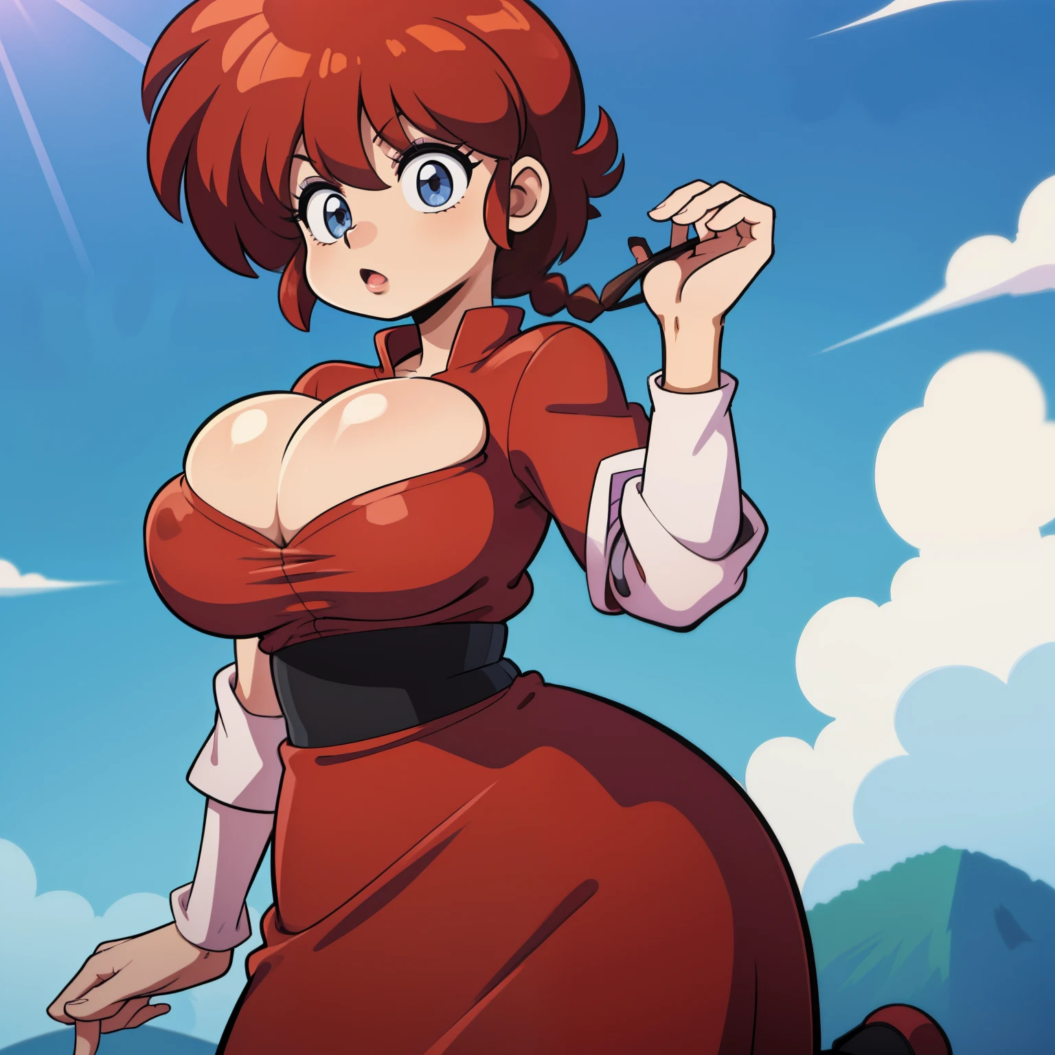 Ranmachan, Red hair, Braided hair, very big breasts, bouncing breasts, fighting, pose vulgar, big breasts, low cut bra, cleavage bulge, low-cut dress, sexy dress, burst breasts,