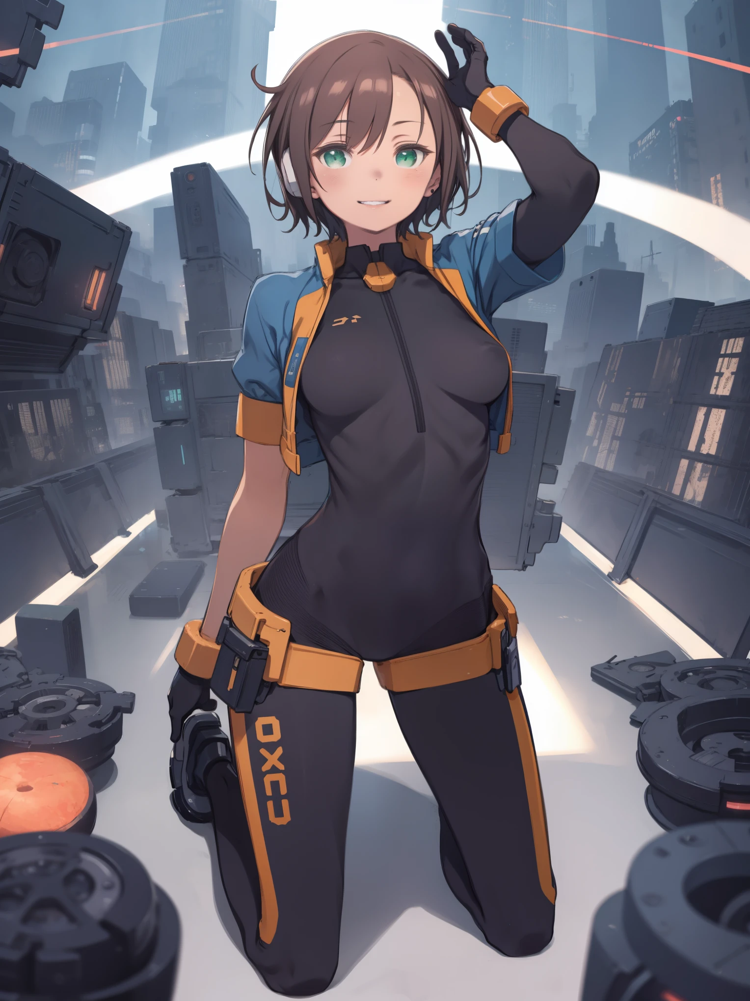 aile_megamanzx, kneeling with one hand on the ground and the other arm raised, 1girl, solo, short hair, brown hair, short sleeves, (bodysuit), robot ears, green eyes, very_short_shorts, short sleeves, short over long sleeves, smile, in futuristic city, , high quality, medium_breasts,crotch, slouch,groin,solo