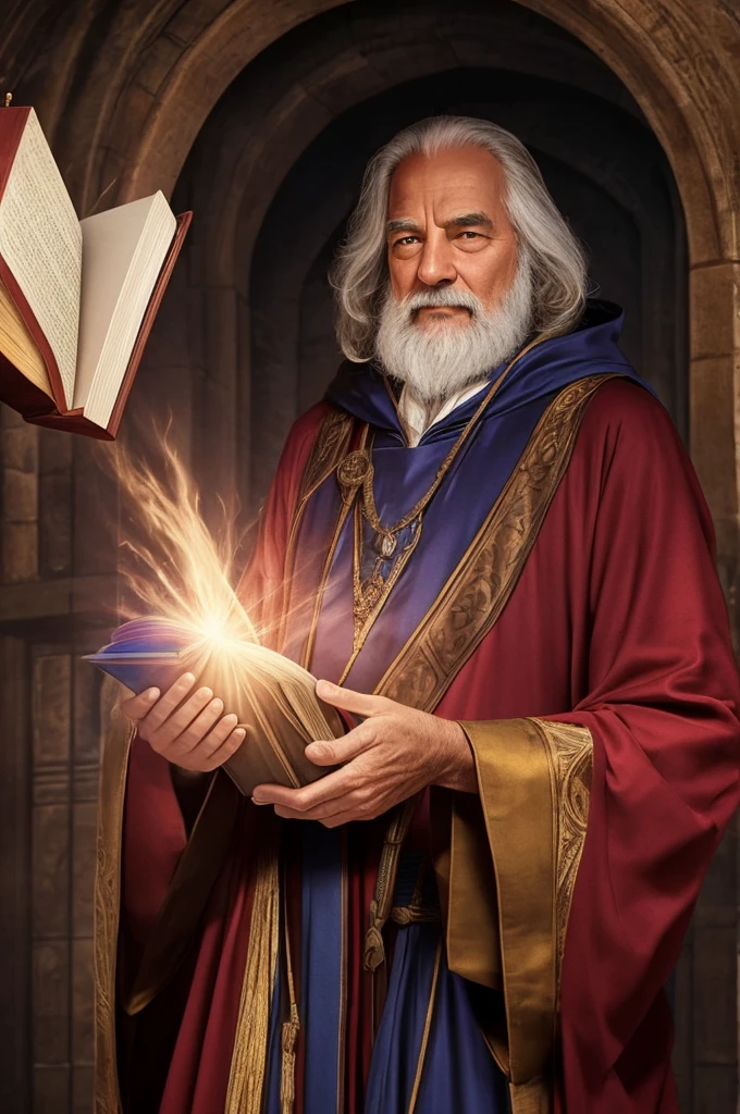 Wizard in robe, looking down at camera, camera below wizard, wizard touching chest, angled camera, angled view, looking up at face, holding book
