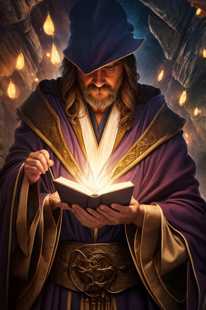 Wizard in robe, looking down at camera, camera below wizard, wizard touching chest, angled camera, angled view, looking up at face, holding book