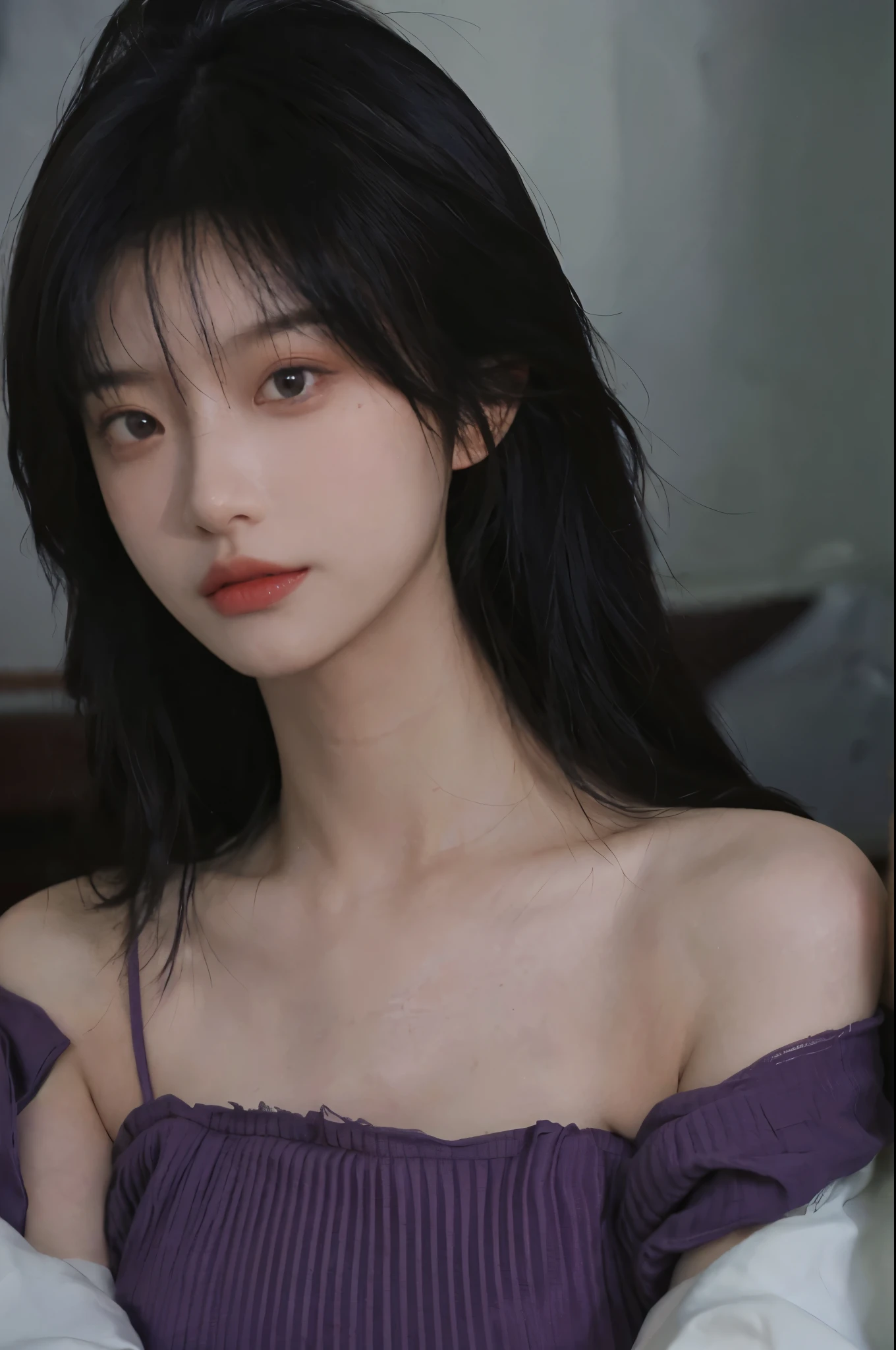 Portrait photography，1 girl，Bare shoulders，Lipstick，Purple short sleeves，(:1.4），Purple sunlight，(sunglasses：1.4），Shoulder-length straight hair，serene，calm，(Realistic and detailed eyes，Natural skin texture，逼真的面部detail)，Soft dramatic lighting，Depth of Field，散景生动的detail，detail，Surrealism，35mm film，