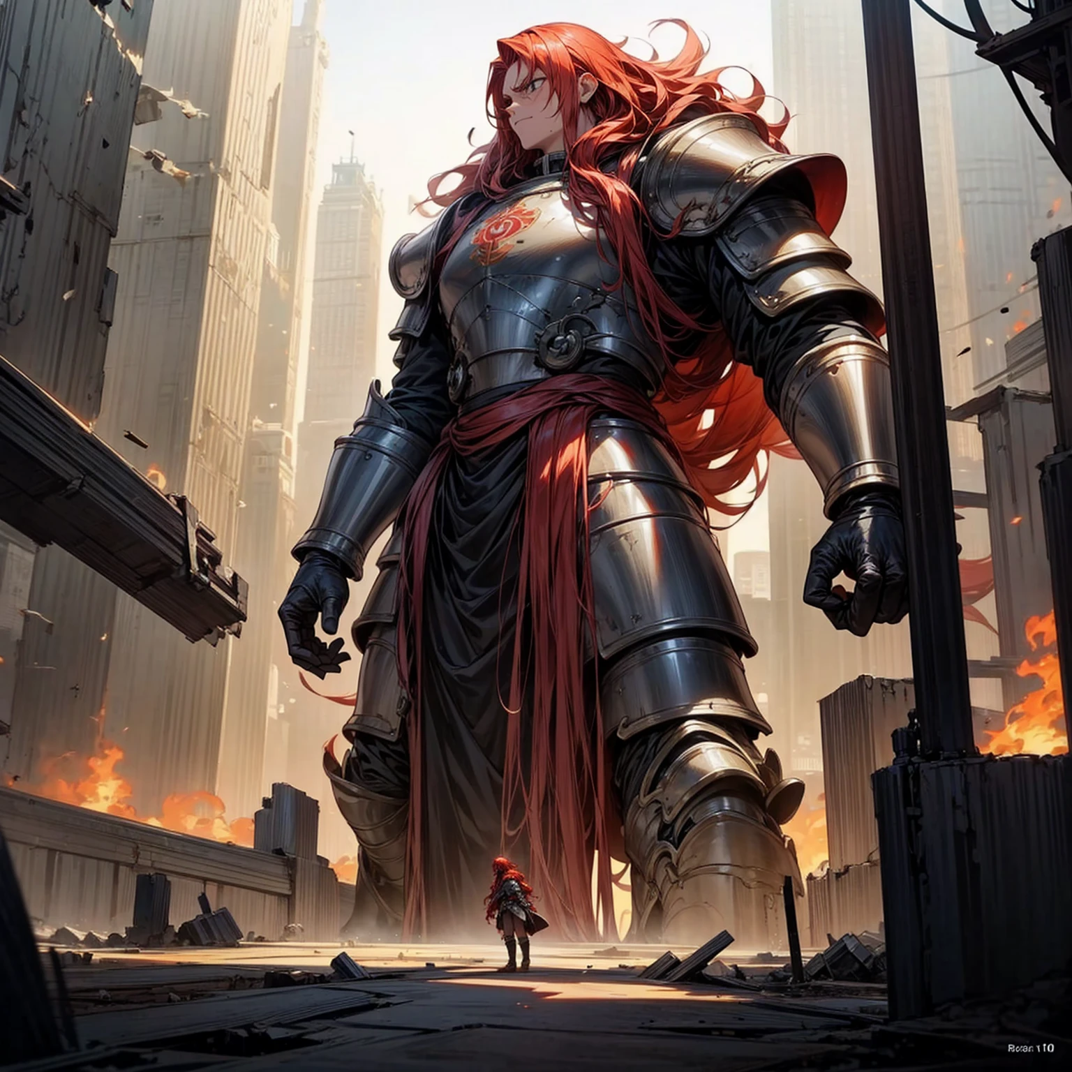 view of the royal city with a giant in the middle, giant in the middle of the city, destroyed city, fire city, The giant had long curly red hair, was wearing iron armor and boots, Very angry giant, very tall, 100 feet tall, (one piece style art), lighting, motion blur, ultra detailed, hd