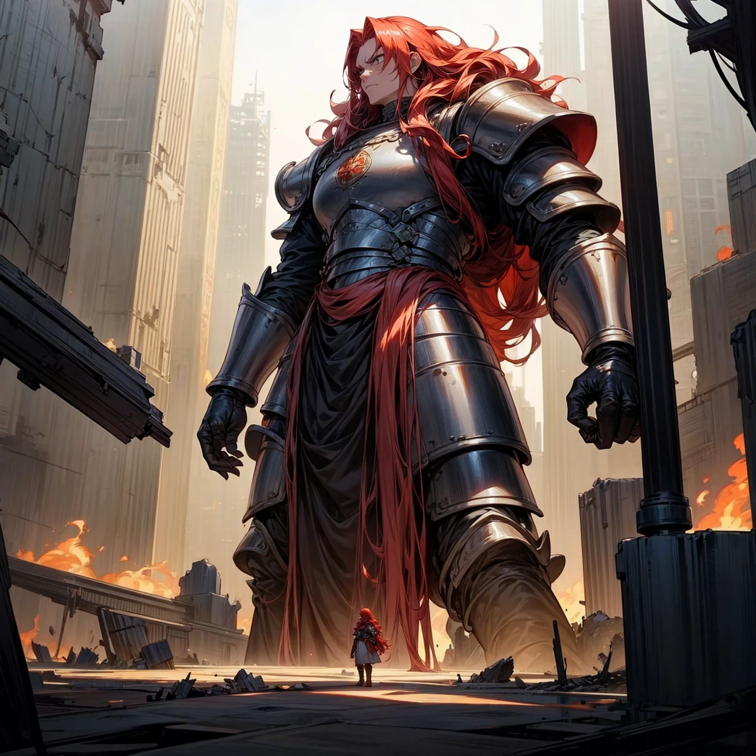 view of the royal city with a giant in the middle, giant in the middle of the city, destroyed city, fire city, The giant had long curly red hair, was wearing iron armor and boots, Very angry giant, very tall, 100 feet tall, (one piece style art), lighting, motion blur, ultra detailed, hd