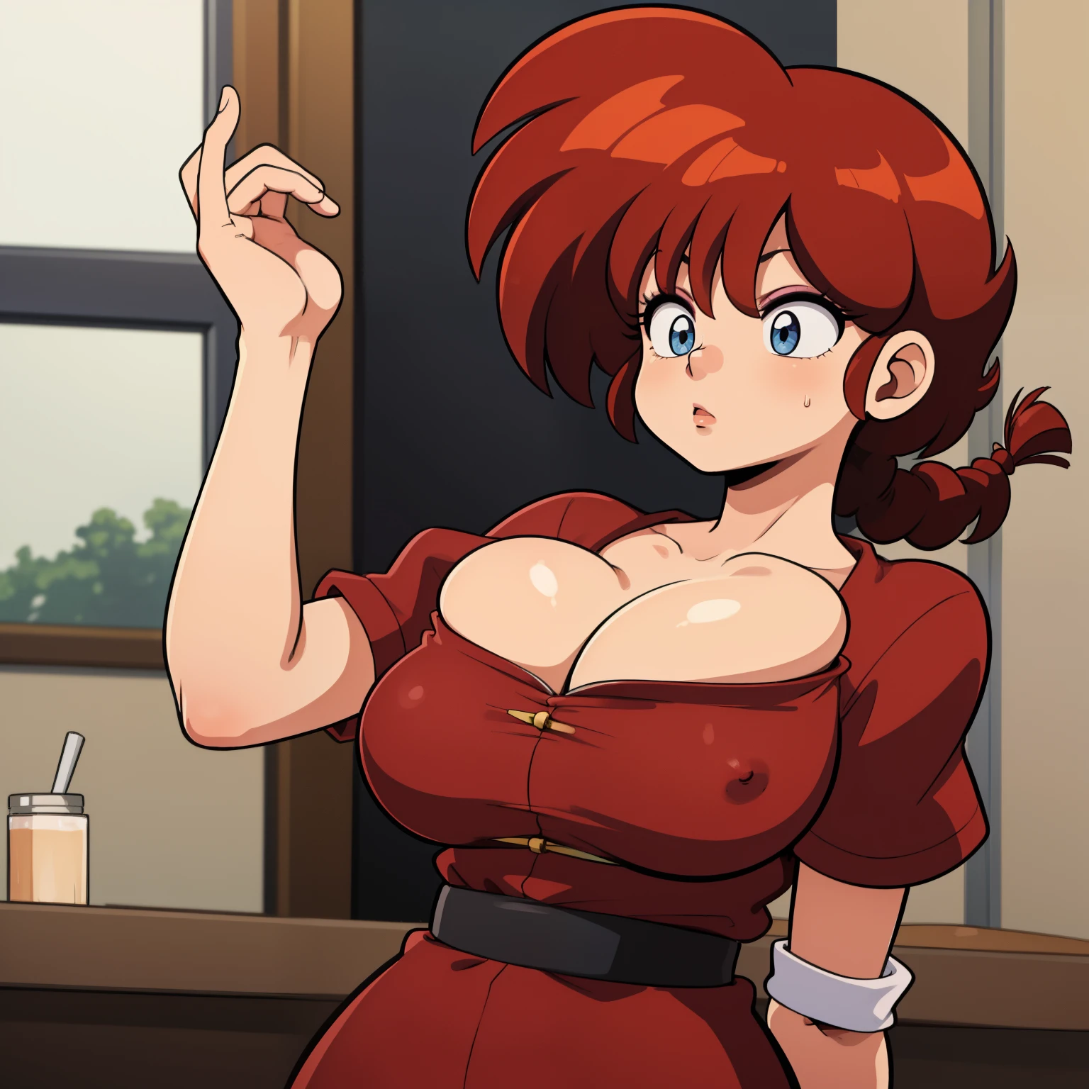 Ranmachan, Red hair, Braided hair, very big breasts, underwear, bouncing breasts, fighting, pose vulgar, big breasts, low cut bra, cleavage bulge