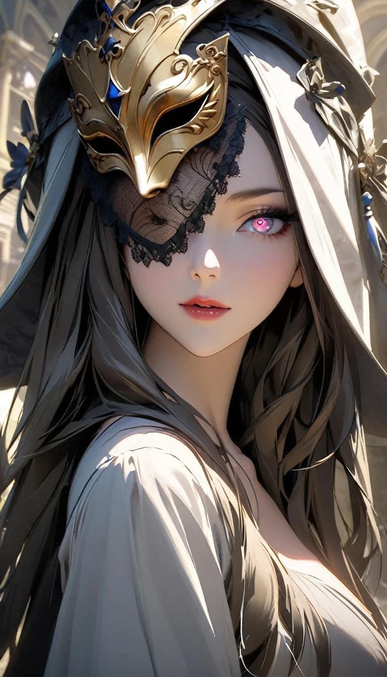 beautiful woman, Venetian mask, shining eyes, make-up, charming and seductive look, seductive medieval long dress, great proportion, 2.5D, delicate and dynamic, portrait art, everything is of the highest quality
