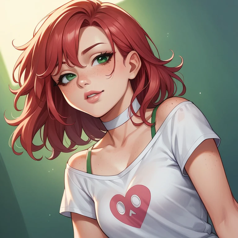 score_9,score_8_up,score_7_up,score_6_up,score_5_up,score_4_up, 14歳, straight chest 1 girl, 14 years old, pretty girl, red hair, loose hair on her shoulders, hair with bangs, pretty nose. seductive lip, seductive innocent look, white choker, pink lips, freckles, green eyes, horny face, wearing a spaghetti strap t-shirt