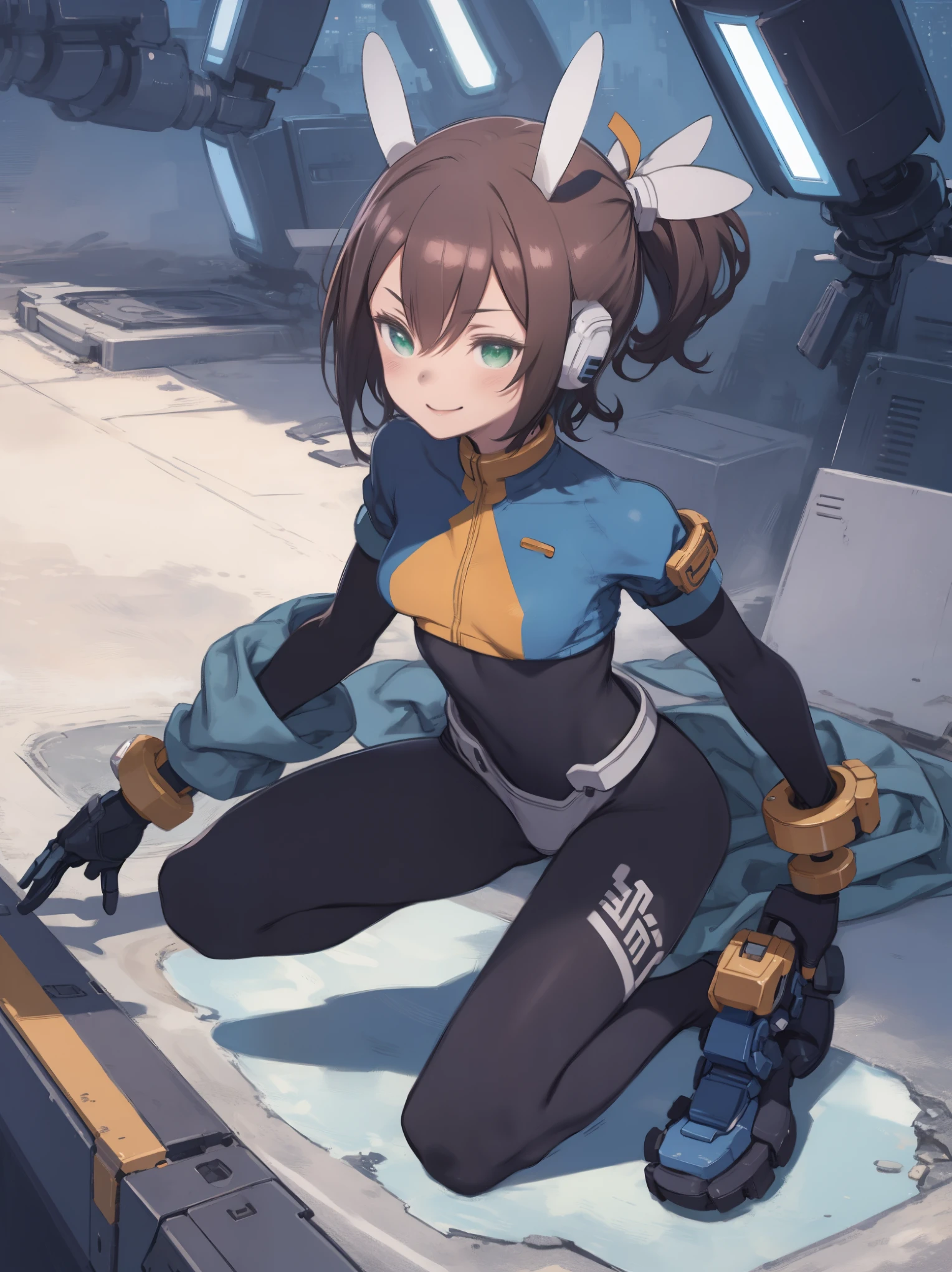 aile_megamanzx, kneeling with one hand on the ground and the other arm raised, 1girl, solo, short hair, brown hair, short sleeves, (bodysuit), robot ears, green eyes, very_short_shorts, short sleeves, short over long sleeves, smile, in futuristic city, , high quality, medium_breasts,crotch, slouch,groin,solo