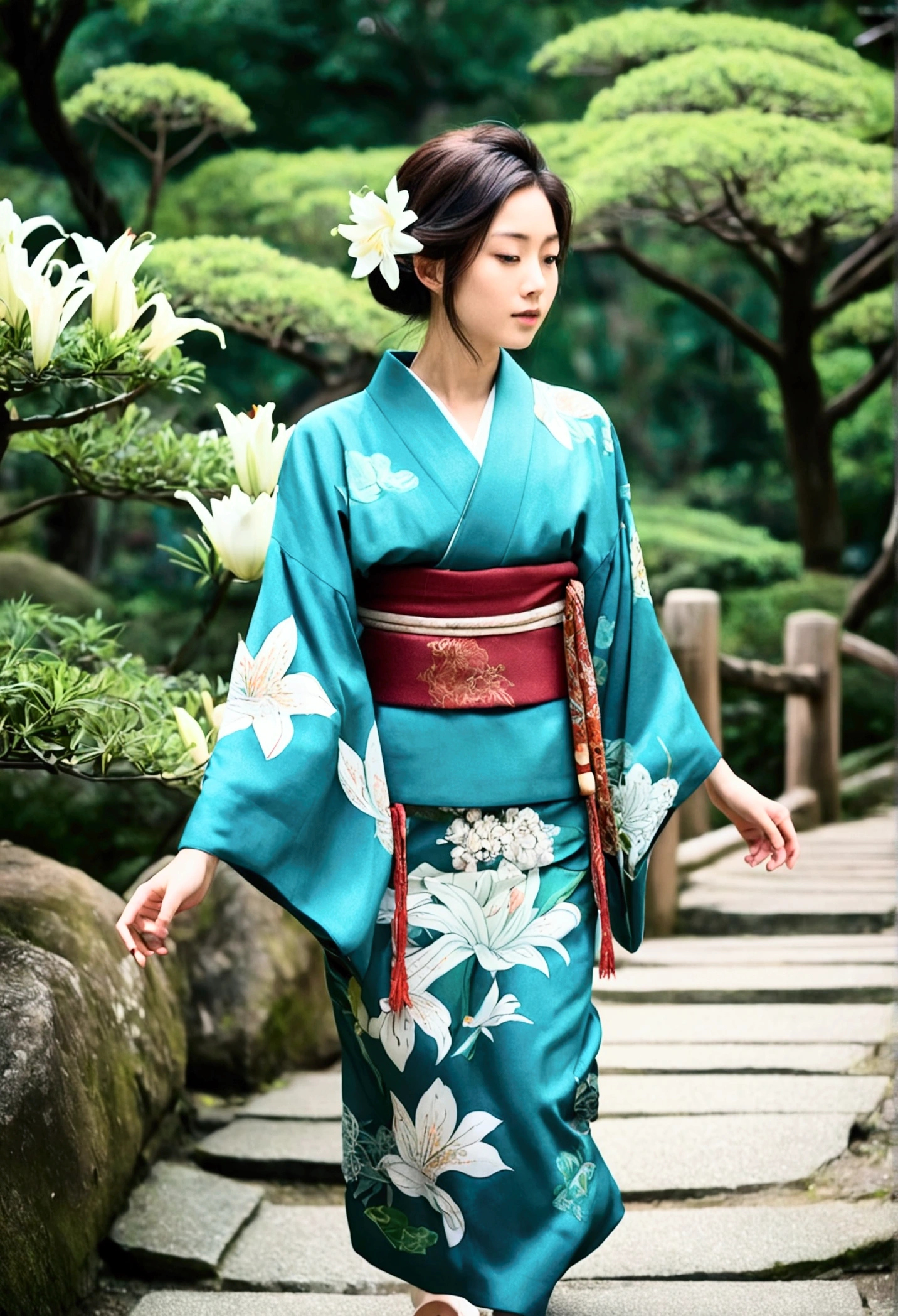 1girl, solo, from above, (white lily flowers), aesthetic, intricate, best quality, detailed background, Sayaka Miki, ((girl wearing a patterned teal kimono:1.2)), (walking in zen garden), casual pose, detailed textures, posing, floral print, hair flower, hair ornament, japanese clothes, kimono, obi, outdoors, pagoda, petals, (teal kimono), sash, shrine, sky, stone stairs, torii, wide sleeves, yukata