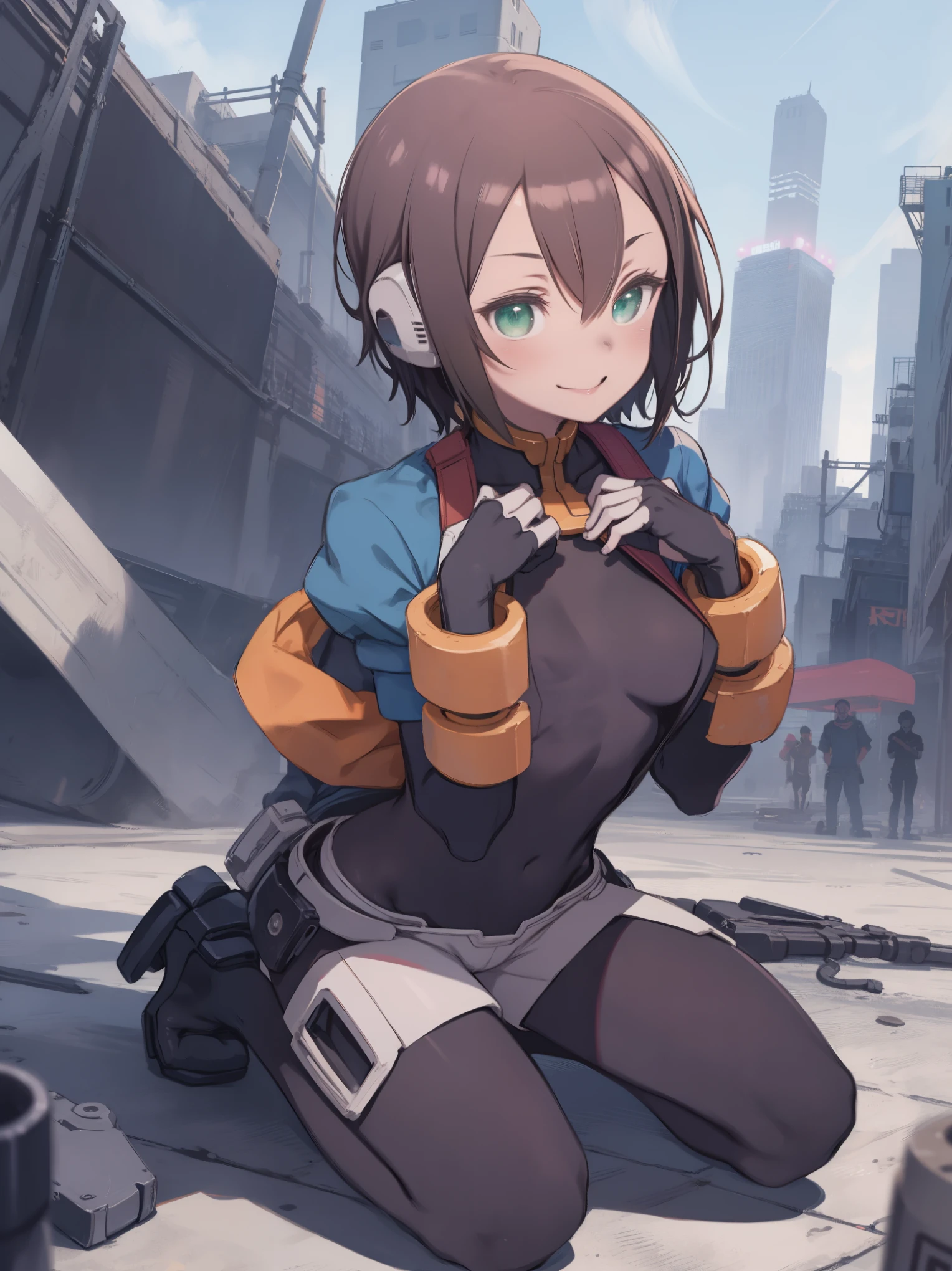 aile_megamanzx, kneeling with one hand on the ground and the other arm raised, 1girl, solo, short hair, brown hair, short sleeves, (bodysuit), robot ears, green eyes, very_short_shorts, short sleeves, short over long sleeves, smile, in futuristic city, , high quality, medium_breasts,crotch, slouch,groin,solo