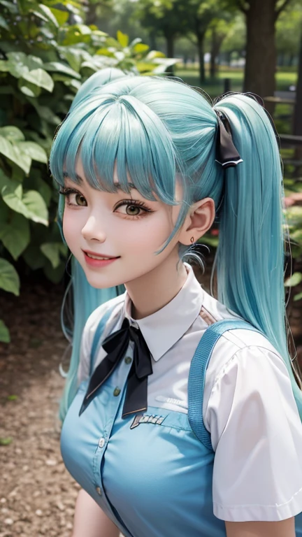 in a park , beatiful lady , twin tail , A gentle smile