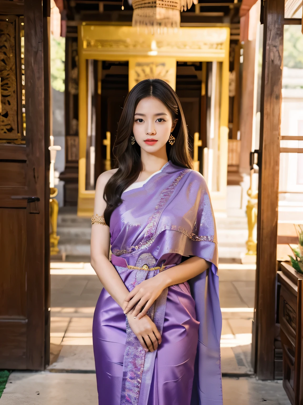 Detailed face, clear face, beautiful girl, Asian style makeup, red lips, brunette hair, very long hair, super long hair, crown, medium body, big breasts, super big breasts, Thai traditional costume, antique, sexy midi dress, purple dress, HD, full body, afternoon light, Thai temple background, right shoulder showing, left shawl, random body orientation, hands clasped in front of body,