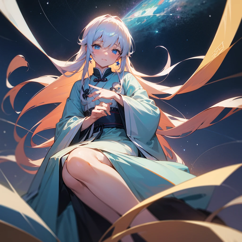 Anime Girl，White long hair，Blue Eyes，shy，cute，grace，high resolution, masterpiece, Anatomically correct, Ultra HD, high quality，Crystal Earrings, Starry sky background，Sitting dignifiedly，Holding a sign that reads &quot;Hou Jixin is a thin dog&quot;，blush