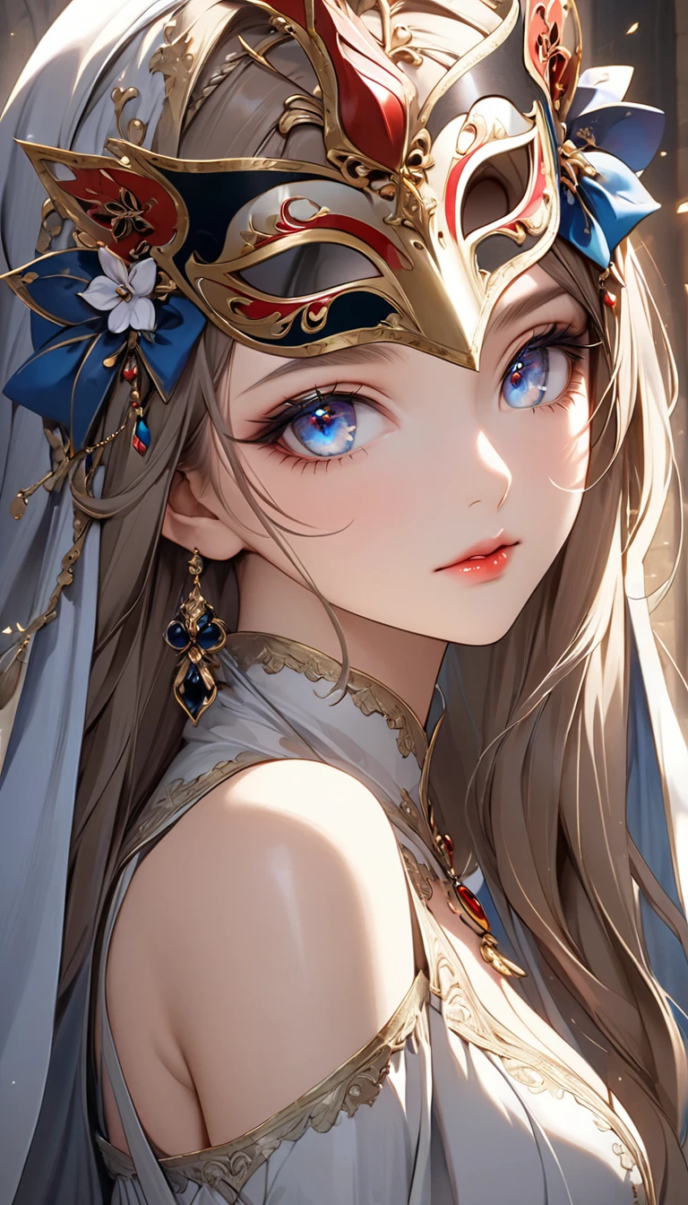 beautiful woman, Venetian mask, shining eyes, make-up, charming and seductive look, seductive medieval long dress, great proportion, 2.5D, delicate and dynamic, portrait art, everything is of the highest quality