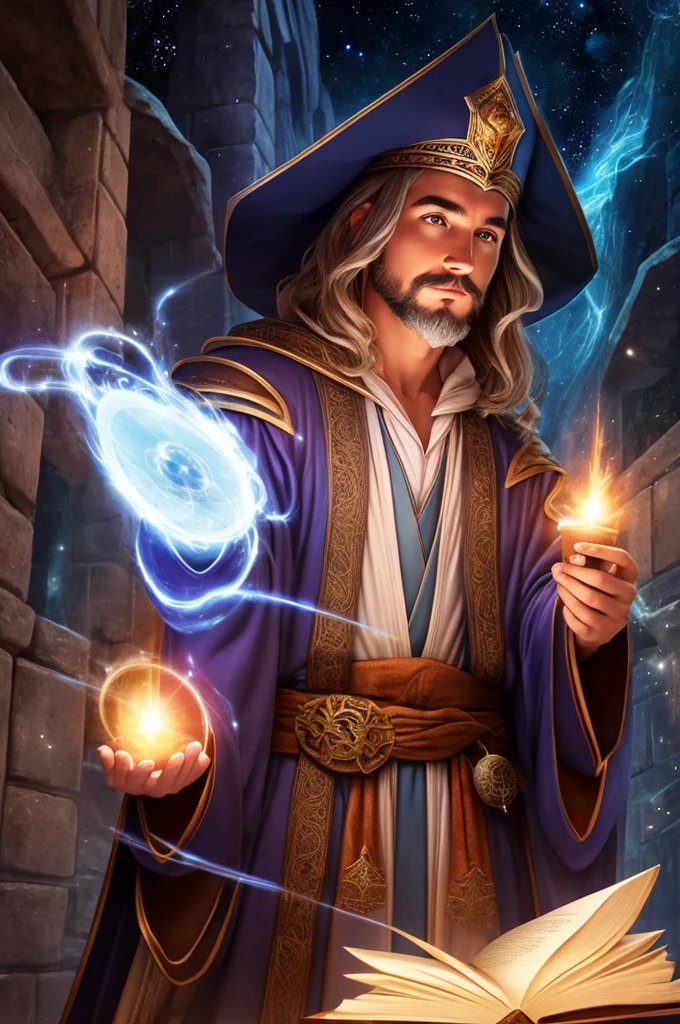 Wizard in robe, looking down at camera, camera below wizard, wizard touching chest, angled camera, angled view, looking up at face, holding book