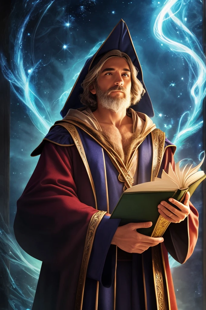 Wizard in robe, looking down at camera, camera below wizard, wizard touching chest, angled camera, angled view, looking up at face, holding book
