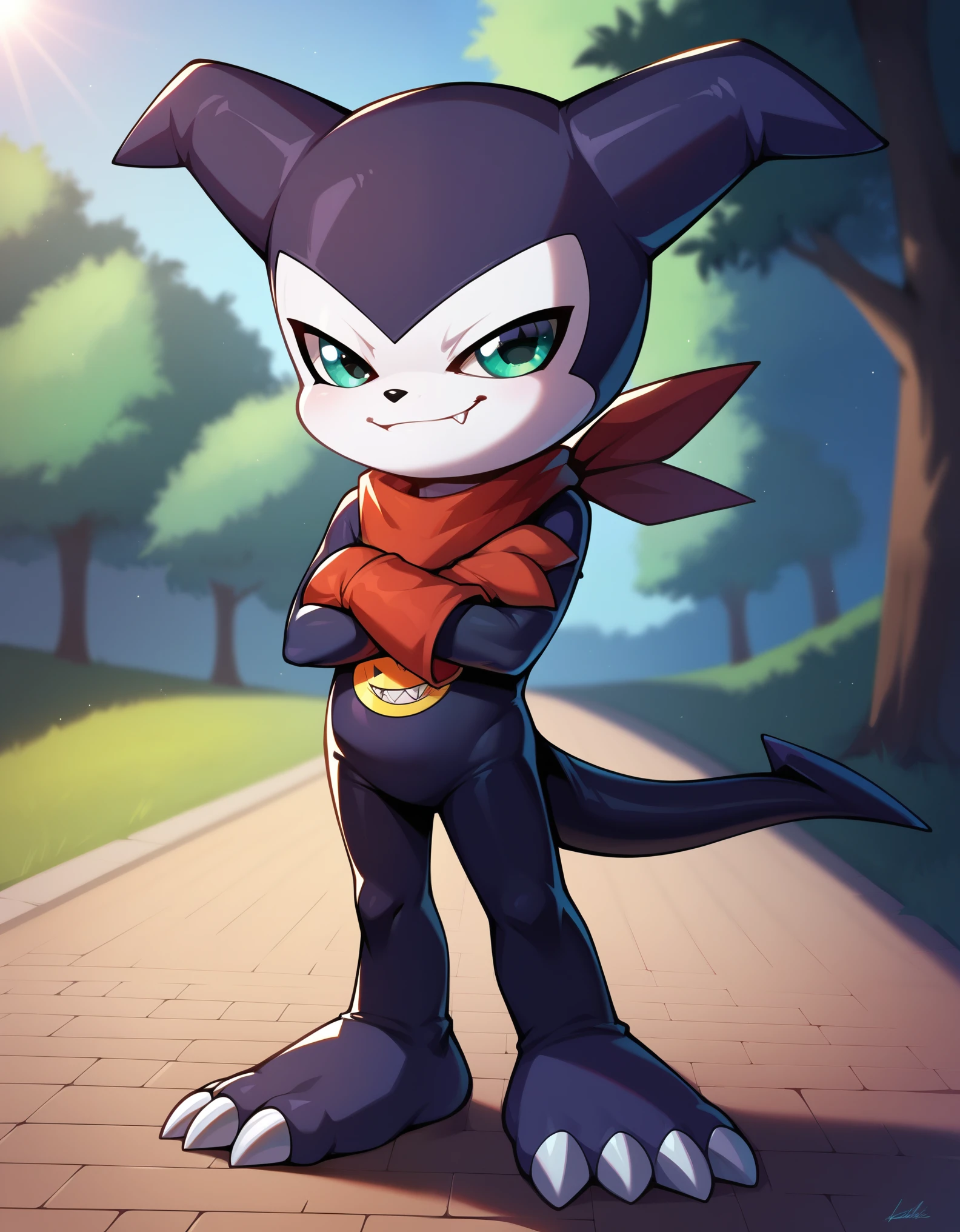 score_9, score_8_up, score_7_up, score_6_up, source_furry, solo, dof, full-length portrait, impmon, shortstack, digimon (creature), blurred background, dof, smug, arms crossed