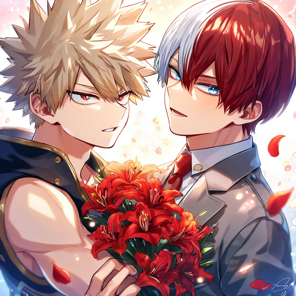 absurdres, highres, ultra detailed, HDR, master piece, Todoroki Shouto, bicolor hair, right side of hair is red, left side of hair is white, expressive blue eyes, Bakugo Katsuki, ash blonde hair, expressive red eyes, gray jacket, red necktie, Boku No Hero Academia, two sexy man together, gay couple, yaoi, handsome, best quality, red lilies flowers, fantasy, red shining fireflies, red petals, sensual, starry sky, shining, red blossoms, love, magical, handsome smile