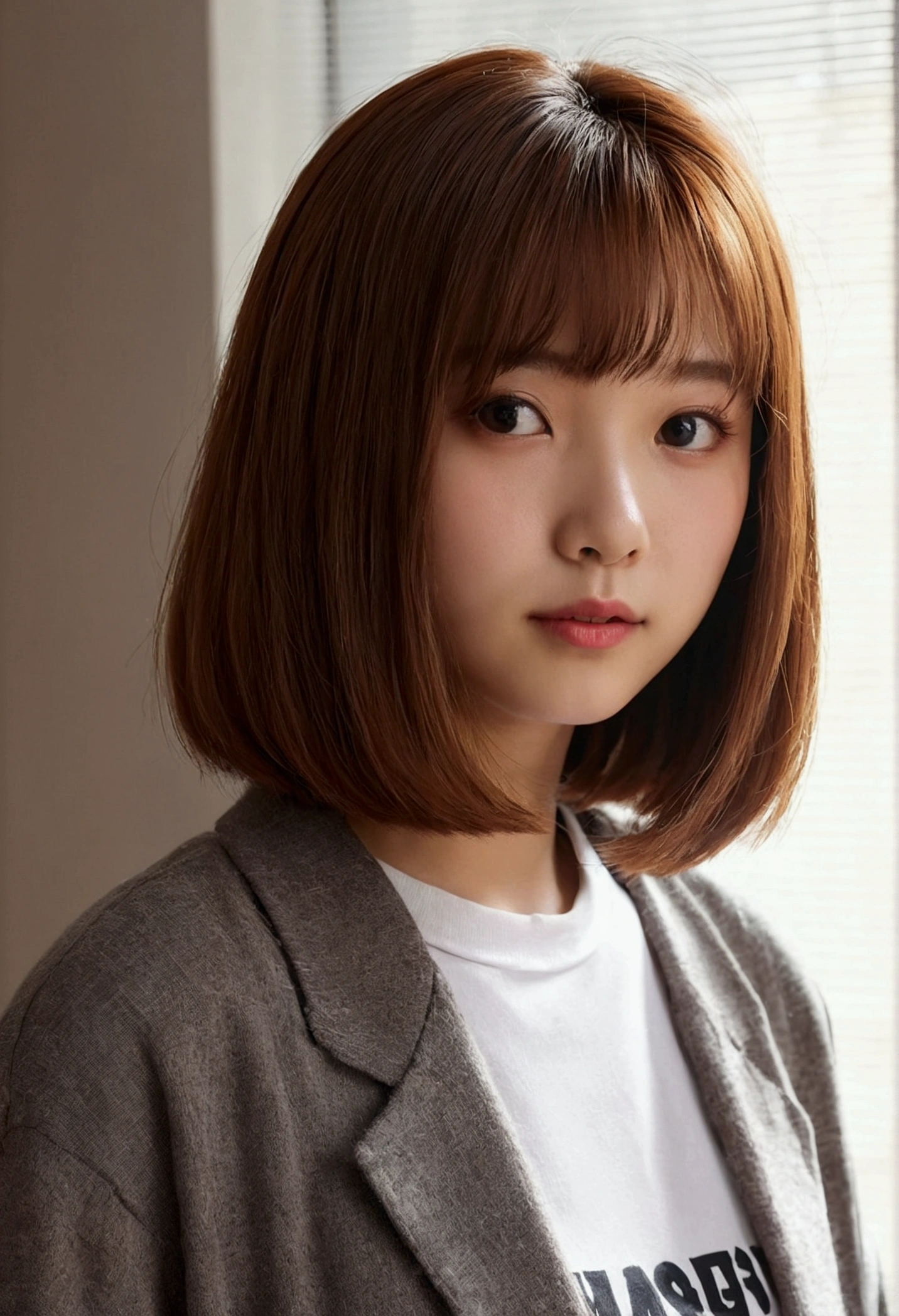 chestnut hair, bangss, student clothes,bob hair, background in the room