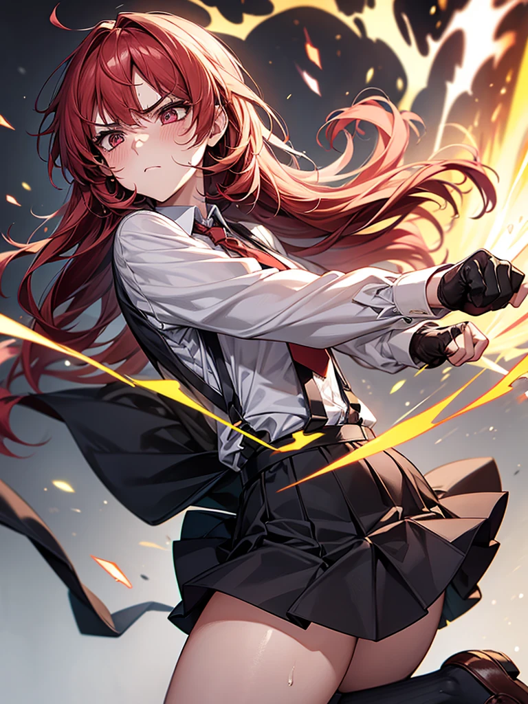 Cowboy Shot,from side,Dynamic composition,{{masterpiece}}, {{{Highest quality}}},{{Very detailed}}{{{Mature woman punching with flaming fist}}},{{疲労でSweatをかいている成人女性}},Sweat,action,{{Blushing}},{{V-shaped eyebrows}},{{White Long sleeve mini skirt uniform}},{{suspenders}},{{{Fight}},{Forward tilt},Raise your hand,Shoot flames from your hands ,{{Jump}},{{Eyelet foot}},,{{magic}},{{Fighting}},,Slender body}}{{Female police officer}},,White long-sleeved blouse,,suspenders ,Long sleeve mini skirt uniform, White High Socks,Black fingerless gloves, Long Red Hair, Red tie,Straight hair ,Blunt bangs,.amountn loafer,,blush,Wrinkles ,amount,,suffering,v-shaped eyebrows.,Sweat dripping,Medium chest ,get annoyed,