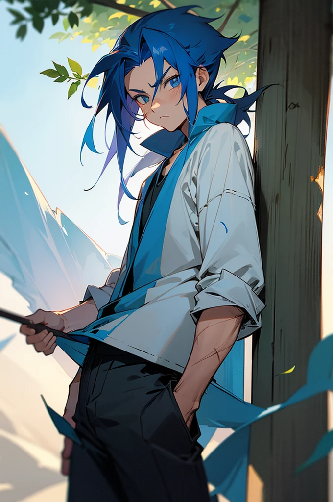 Anime 2D, Anime character, masculine, hair color duron belize, pure eyes, lightblue eyes, serious eyes, blue scar on right forehead, thin cloak, leaves on the body, wooden pole in the back, men's black baggy trousers ripped at the knee