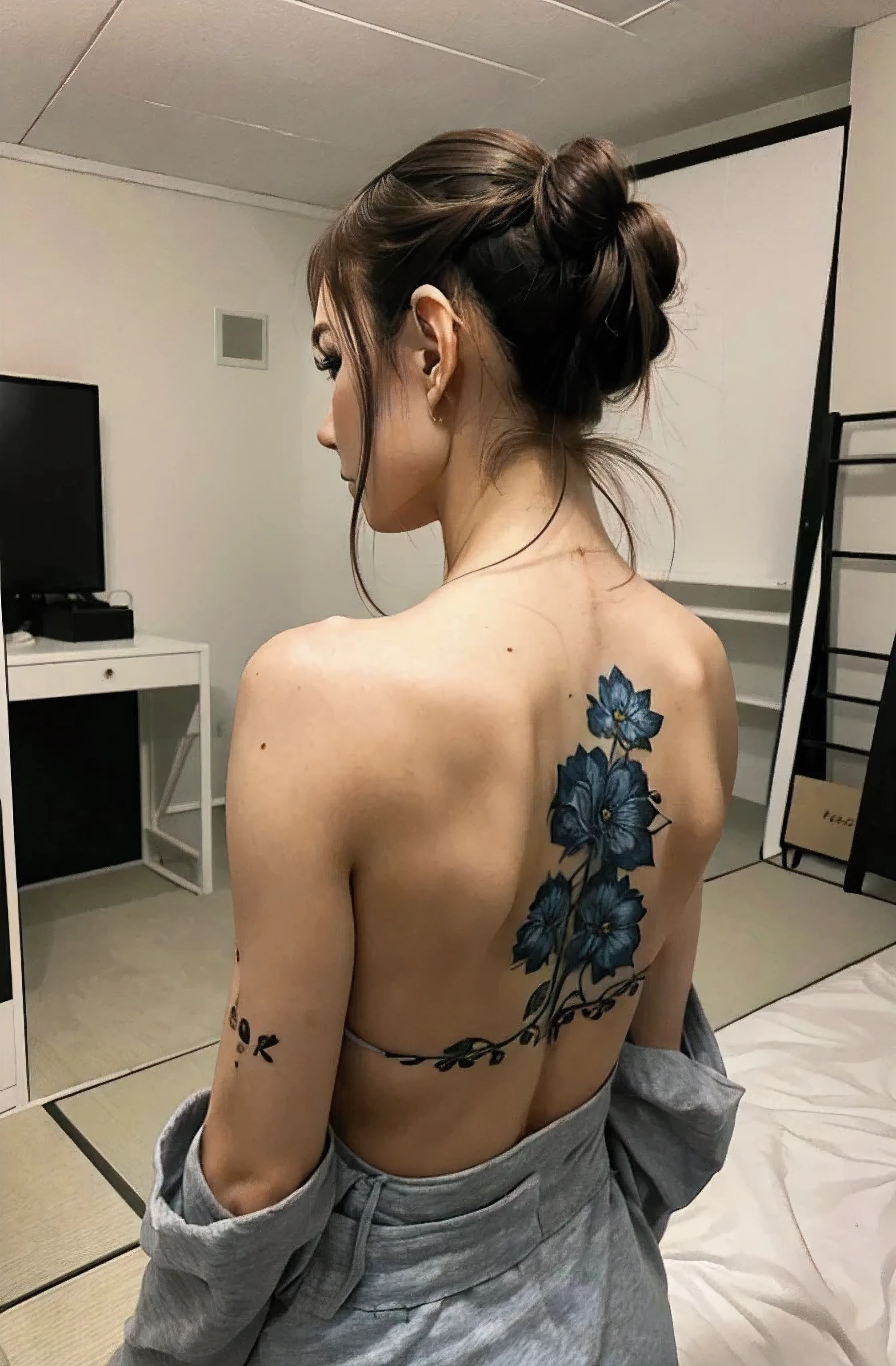 (Masterpiece, Superior quality, Best Quality, Official Art, beautiful and aesthetic:1.2),1 girl, tattoo, Alone, japanese clothes, hair ornament, unfaulting, by rubio, fault, back tattoo, Blue eyes, off the shoulder, bare shoulders, looking back, from behind, flower, looking at the viewer, tenure, make up,
interior,